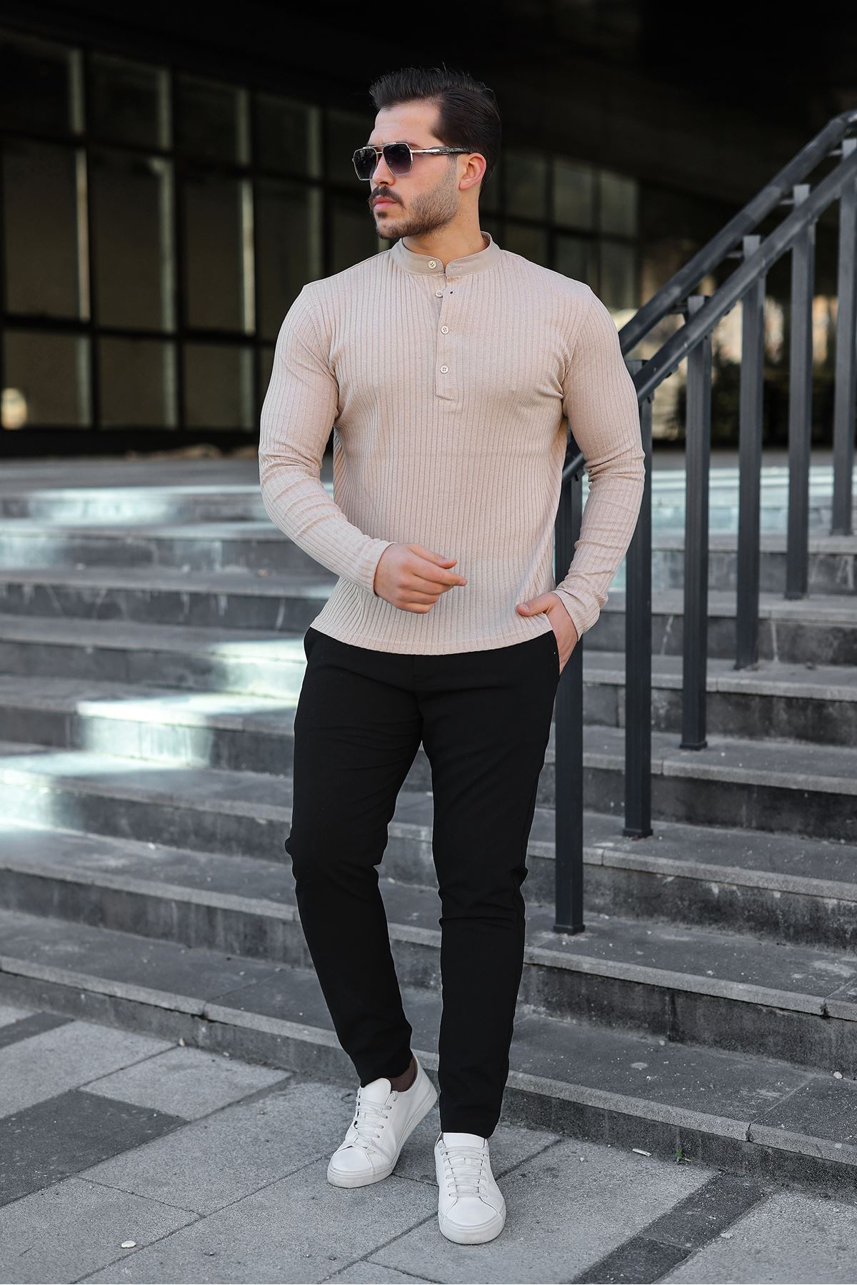 Erkek Fitilli Kumaş Hakim Yaka Düğmeli Sweat