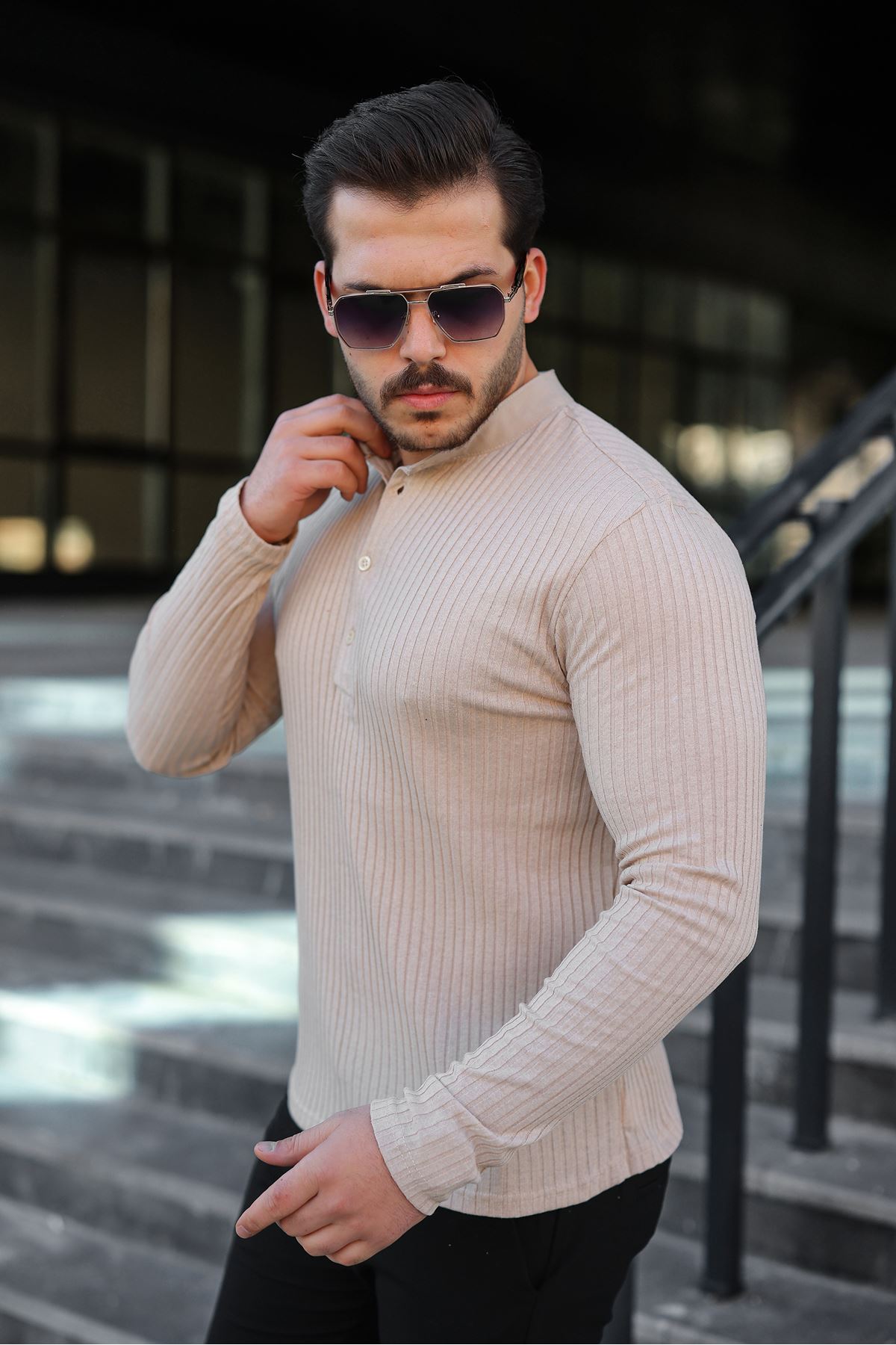 Erkek Fitilli Kumaş Hakim Yaka Düğmeli Sweat