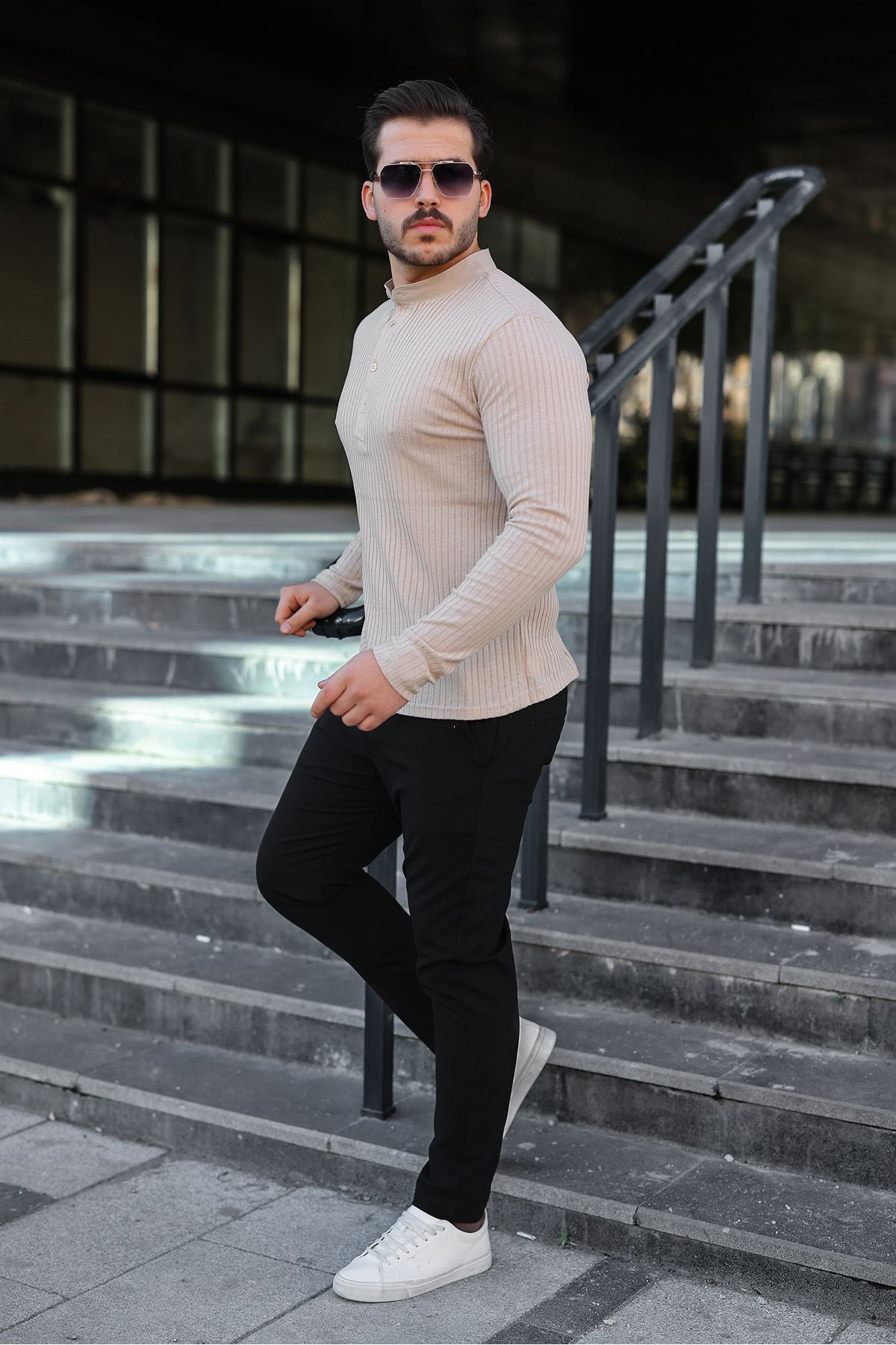 Erkek Fitilli Kumaş Hakim Yaka Düğmeli Sweat