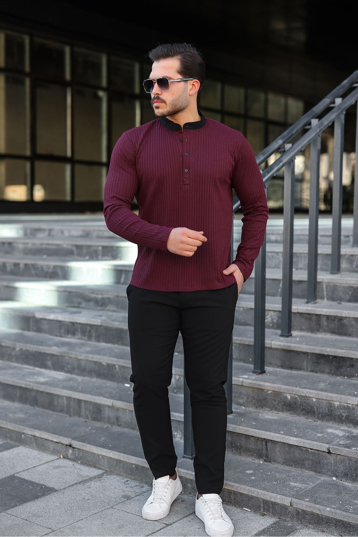 Erkek Fitilli Kumaş Hakim Yaka Düğmeli Sweat