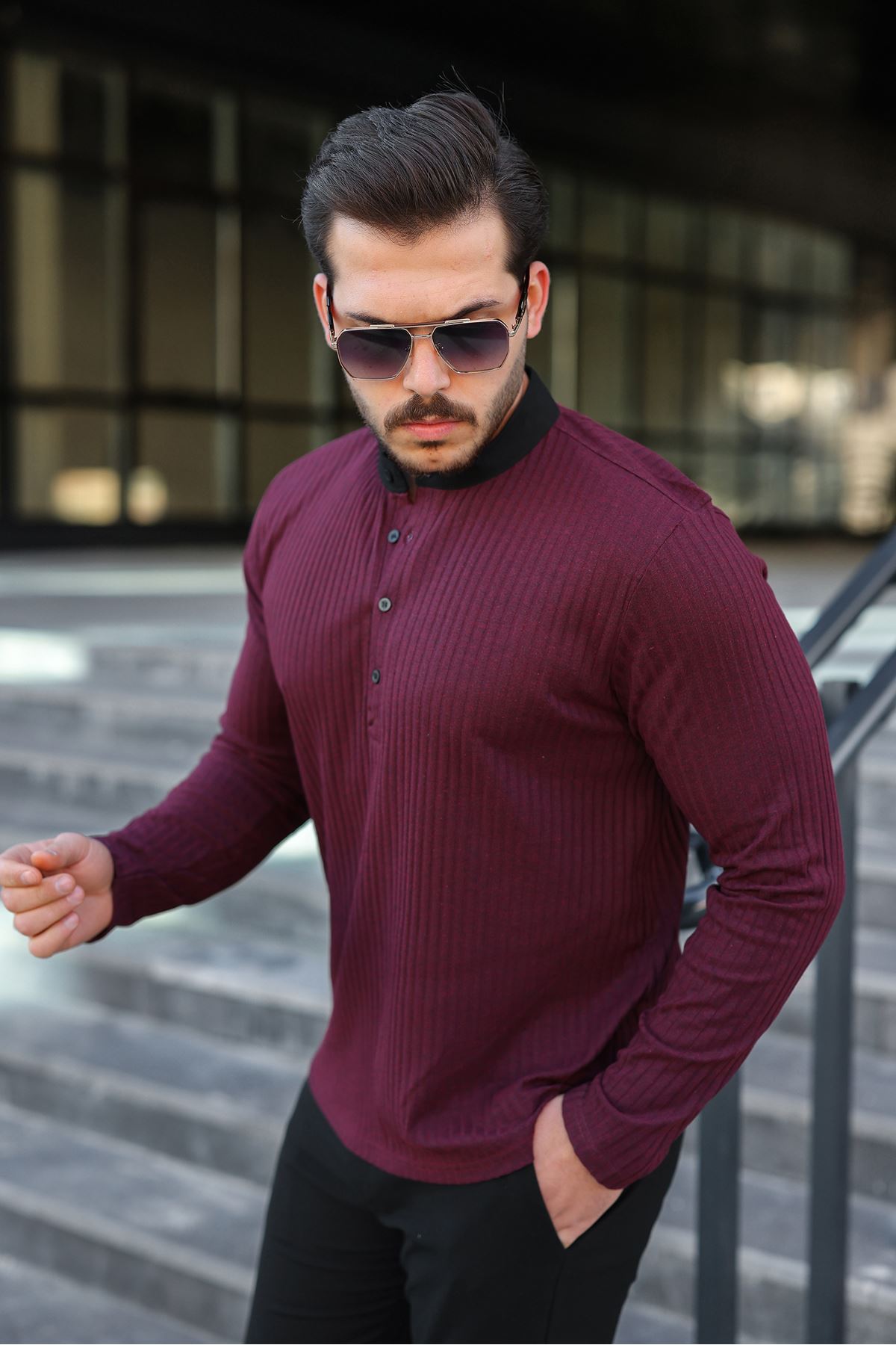 Erkek Fitilli Kumaş Hakim Yaka Düğmeli Sweat