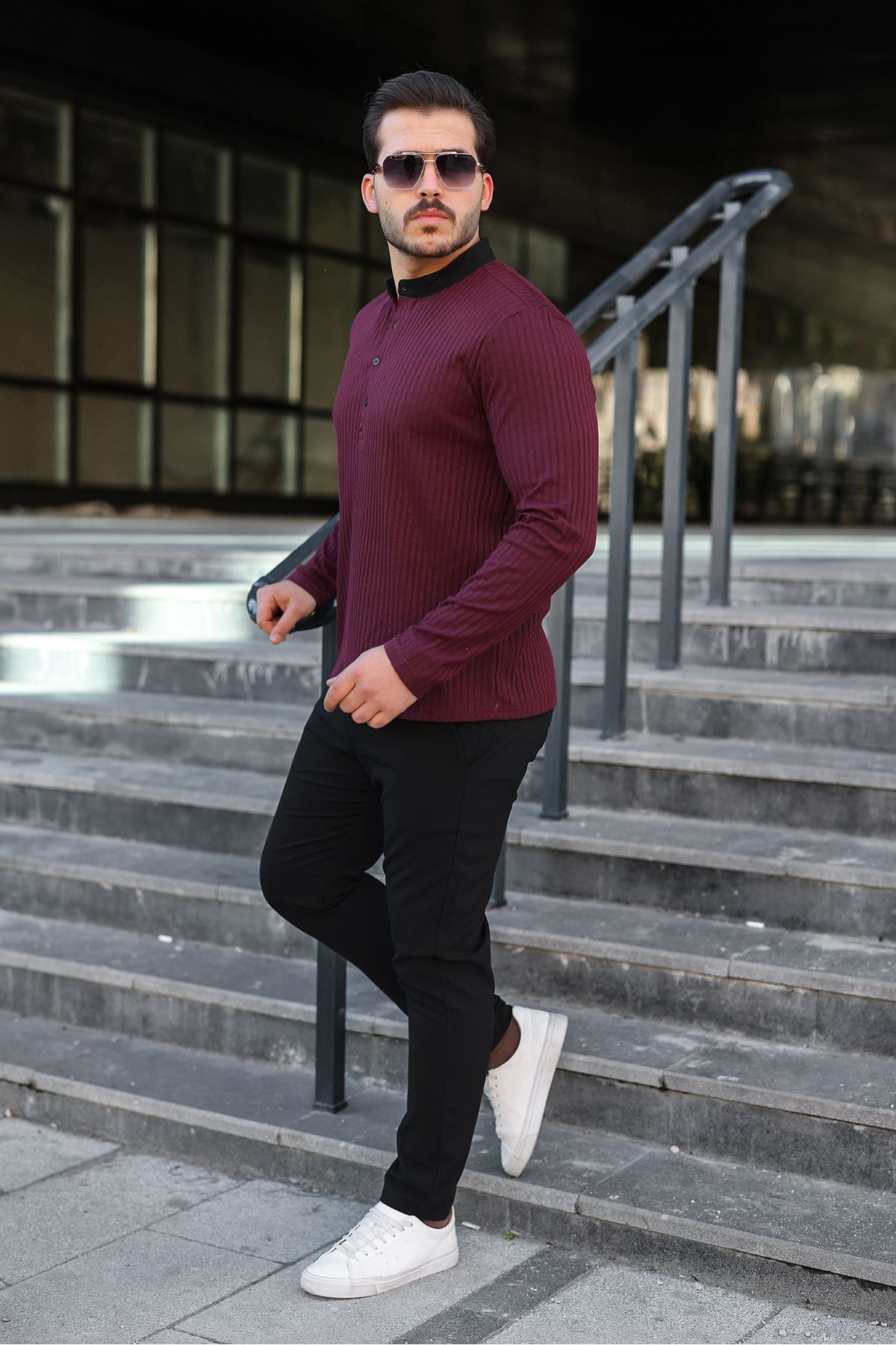 Erkek Fitilli Kumaş Hakim Yaka Düğmeli Sweat