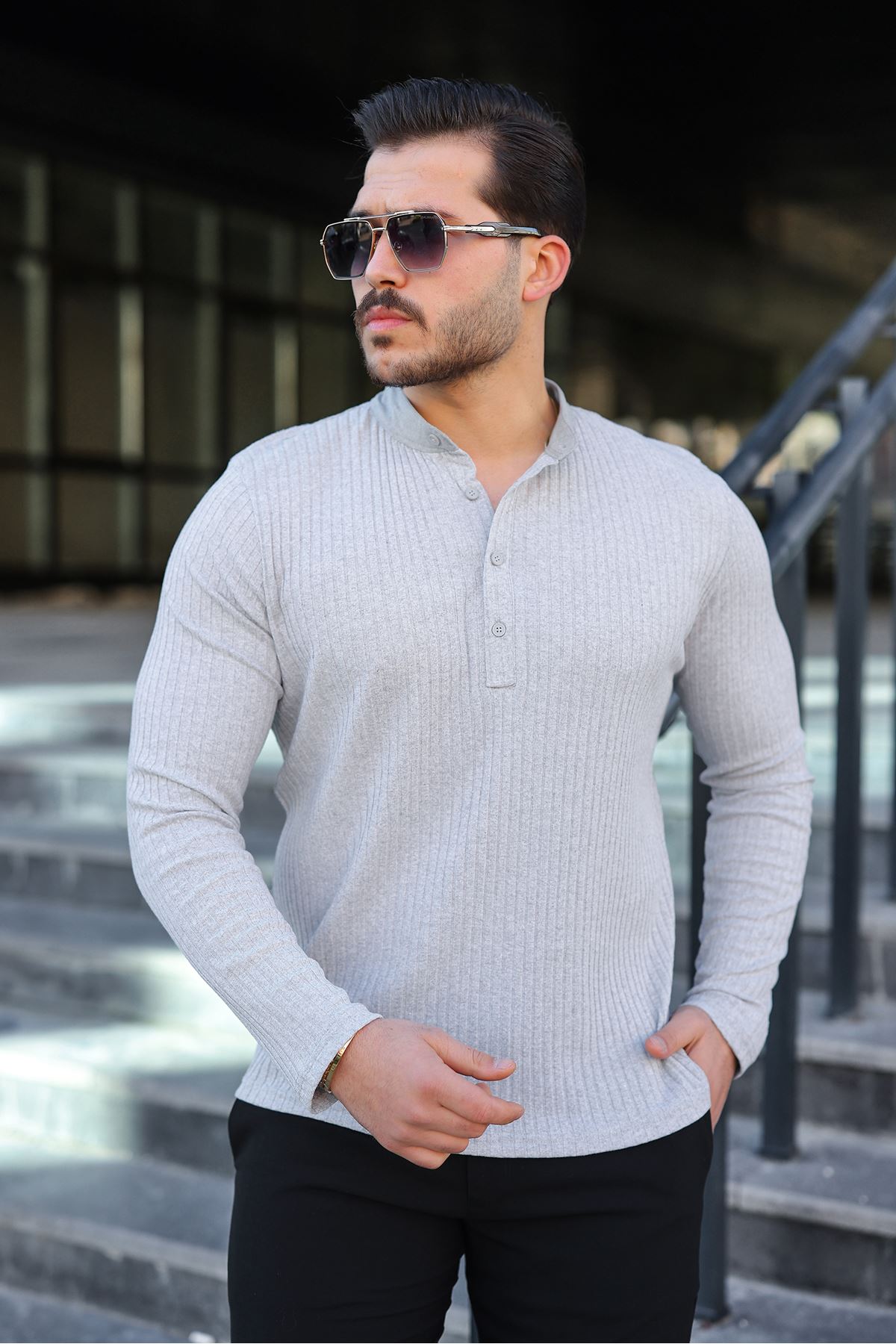 Erkek Fitilli Kumaş Hakim Yaka Düğmeli Sweat