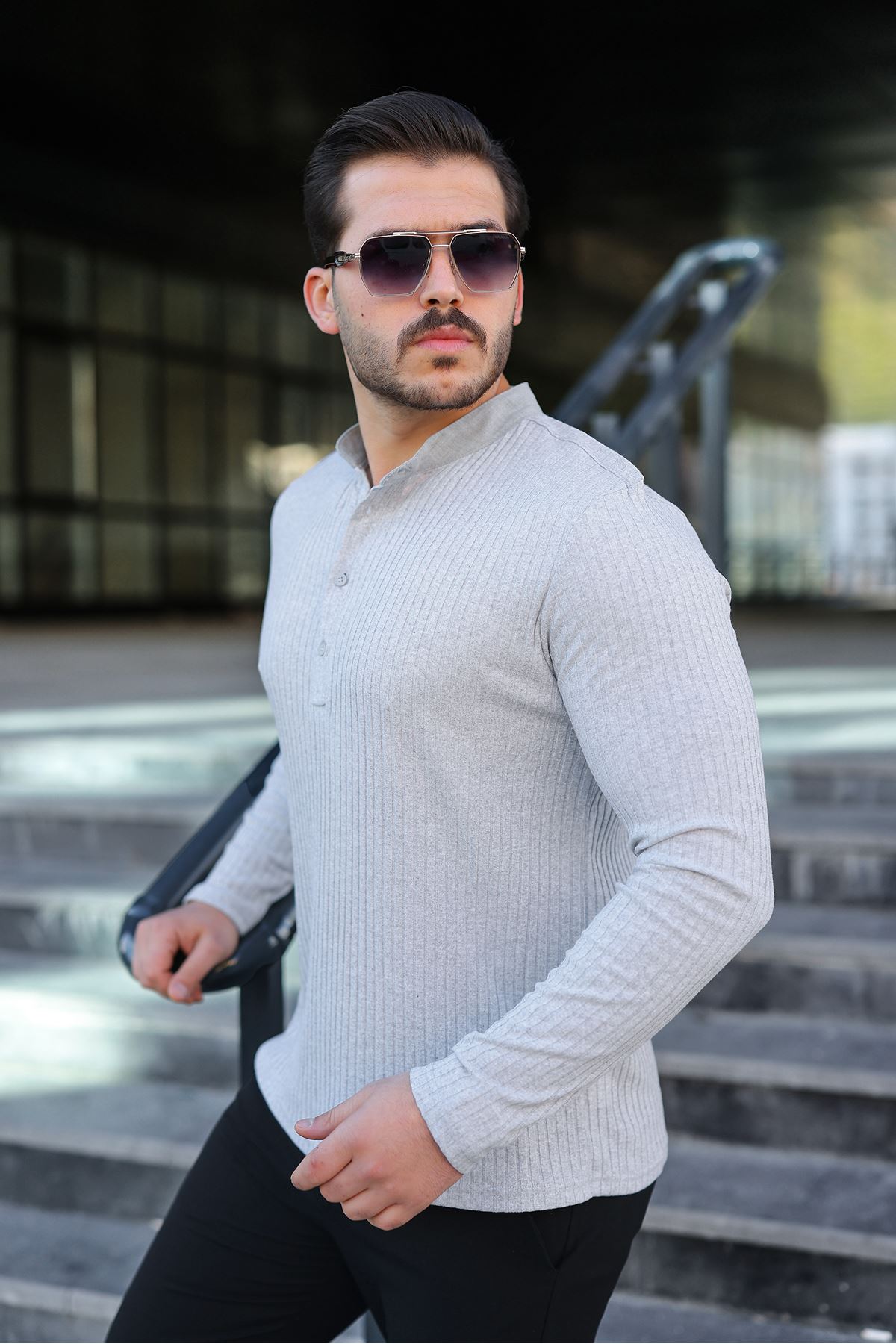 Erkek Fitilli Kumaş Hakim Yaka Düğmeli Sweat