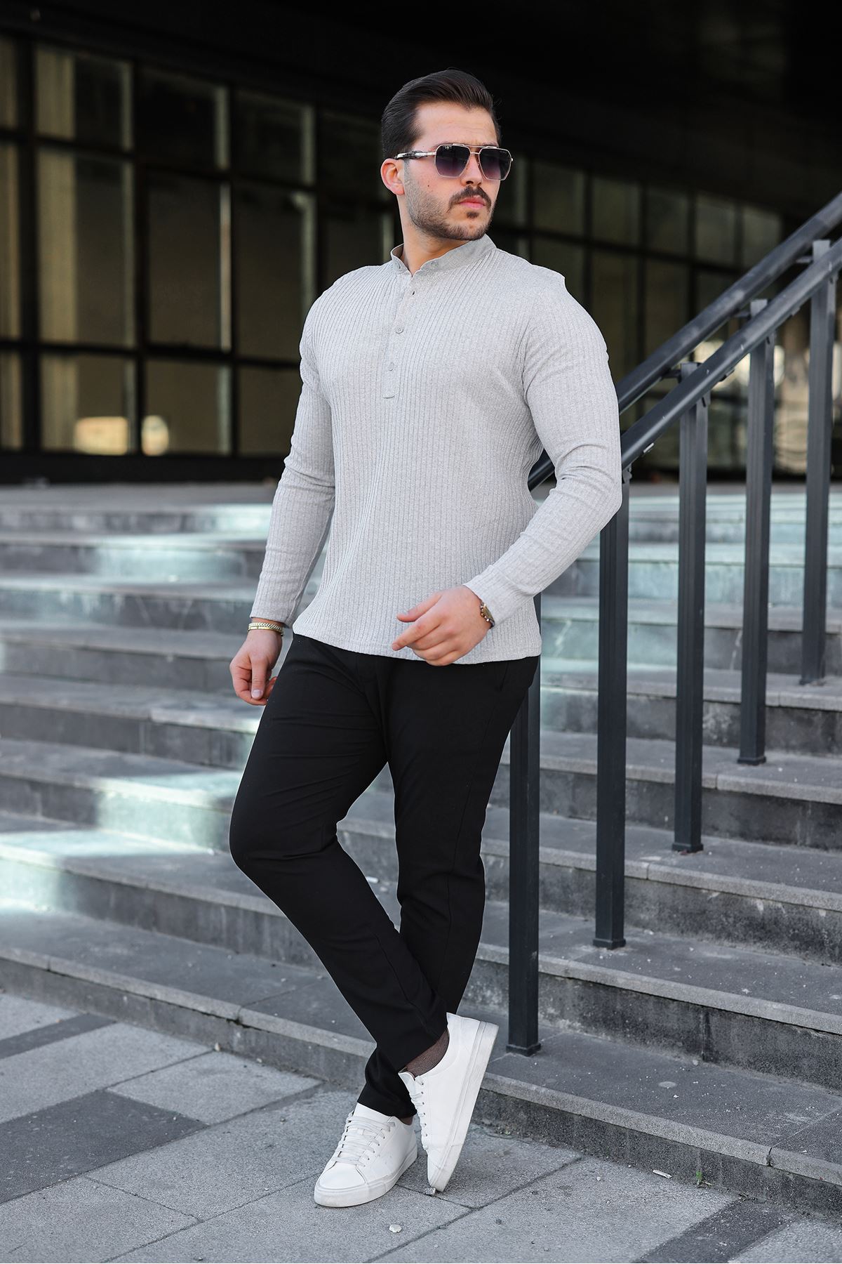 Erkek Fitilli Kumaş Hakim Yaka Düğmeli Sweat