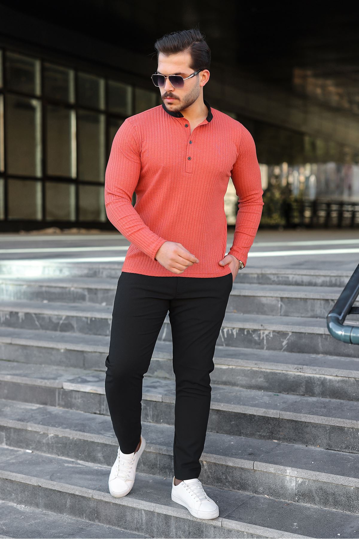 Erkek Fitilli Kumaş Hakim Yaka Düğmeli Sweat