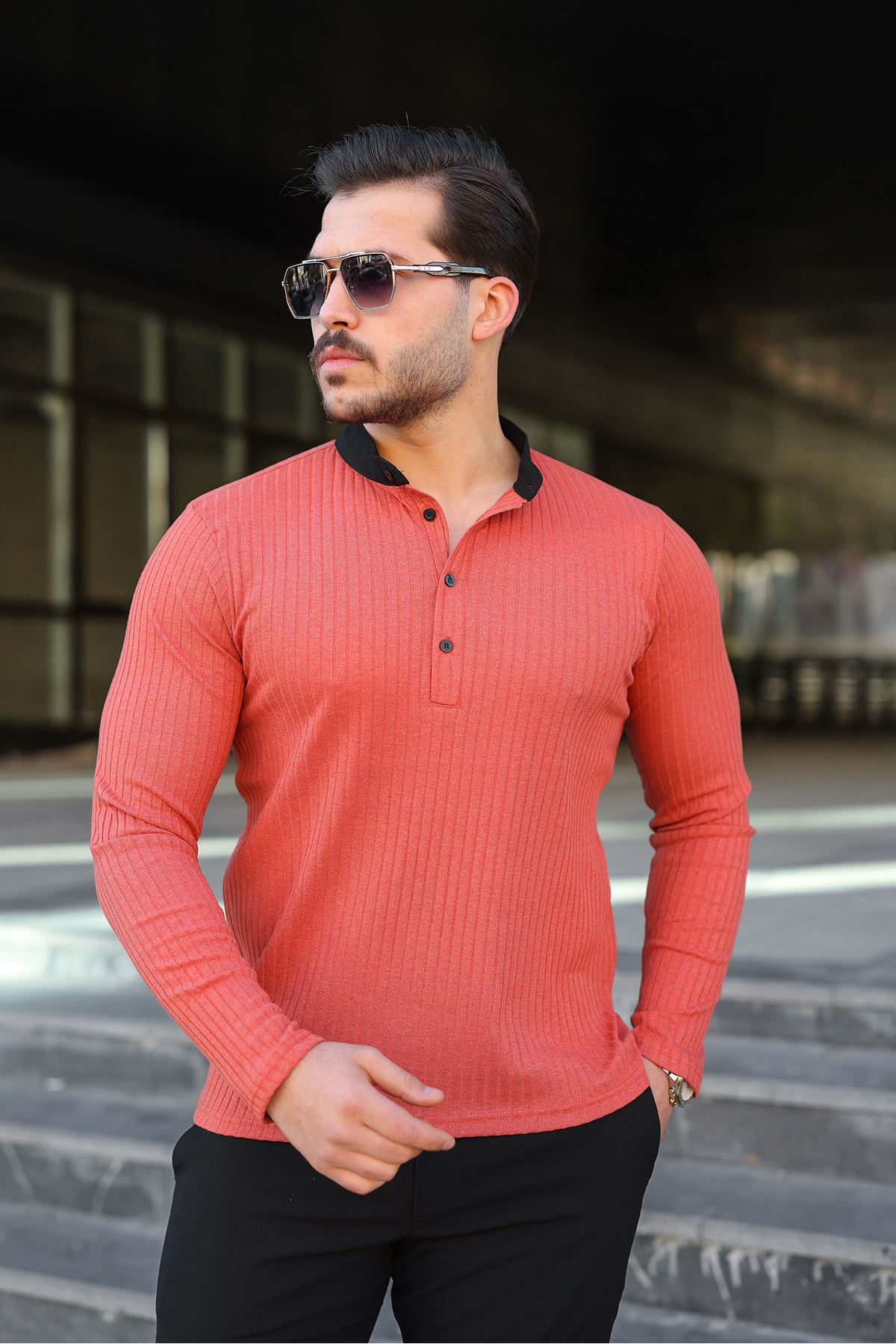 Erkek Fitilli Kumaş Hakim Yaka Düğmeli Sweat