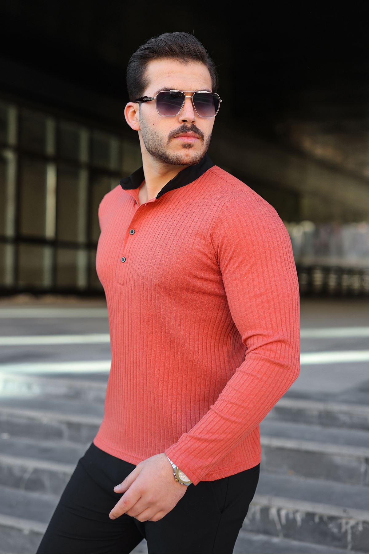 Erkek Fitilli Kumaş Hakim Yaka Düğmeli Sweat