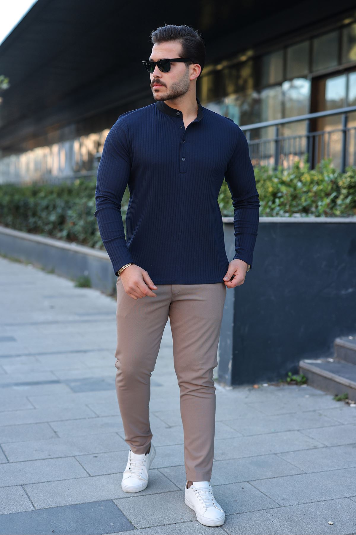 Erkek Fitilli Kumaş Hakim Yaka Düğmeli Sweat