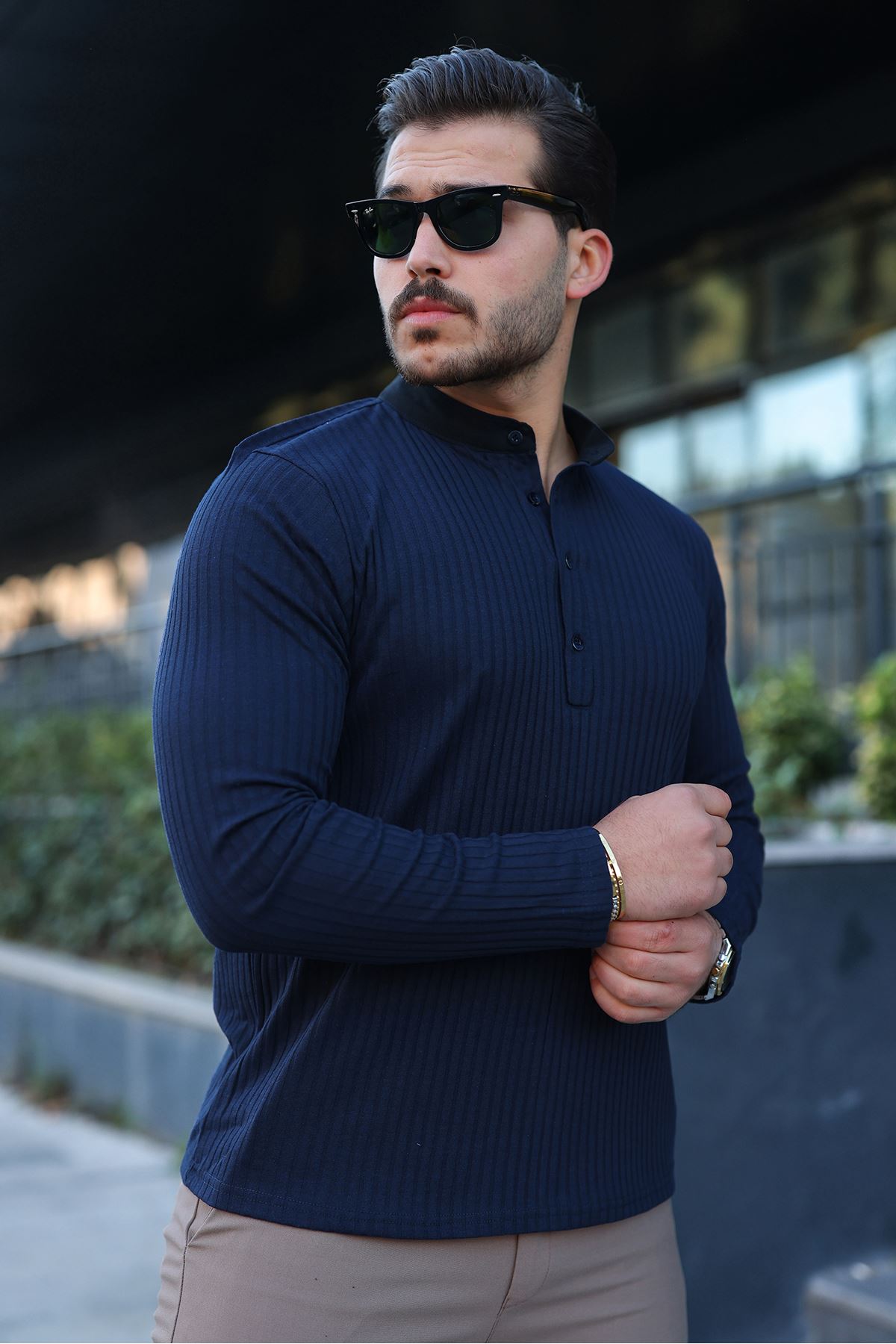 Erkek Fitilli Kumaş Hakim Yaka Düğmeli Sweat