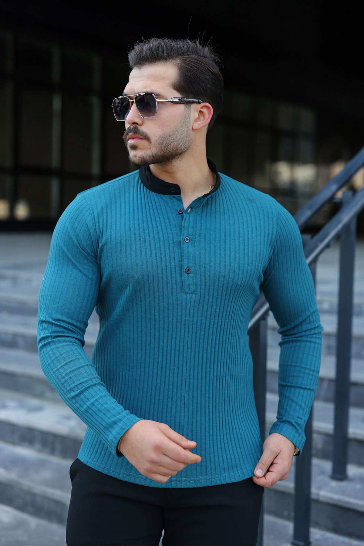 Erkek Fitilli Kumaş Hakim Yaka Düğmeli Sweat