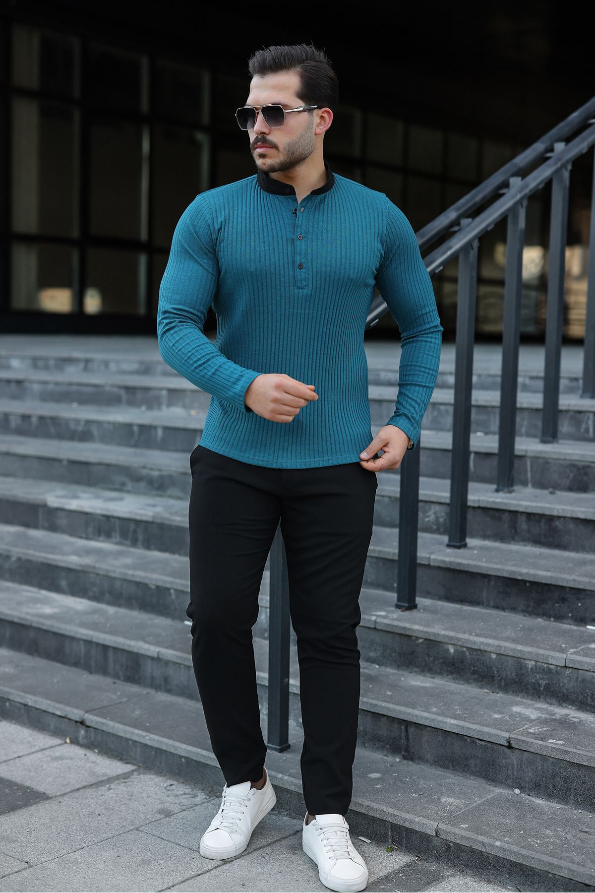 Erkek Fitilli Kumaş Hakim Yaka Düğmeli Sweat