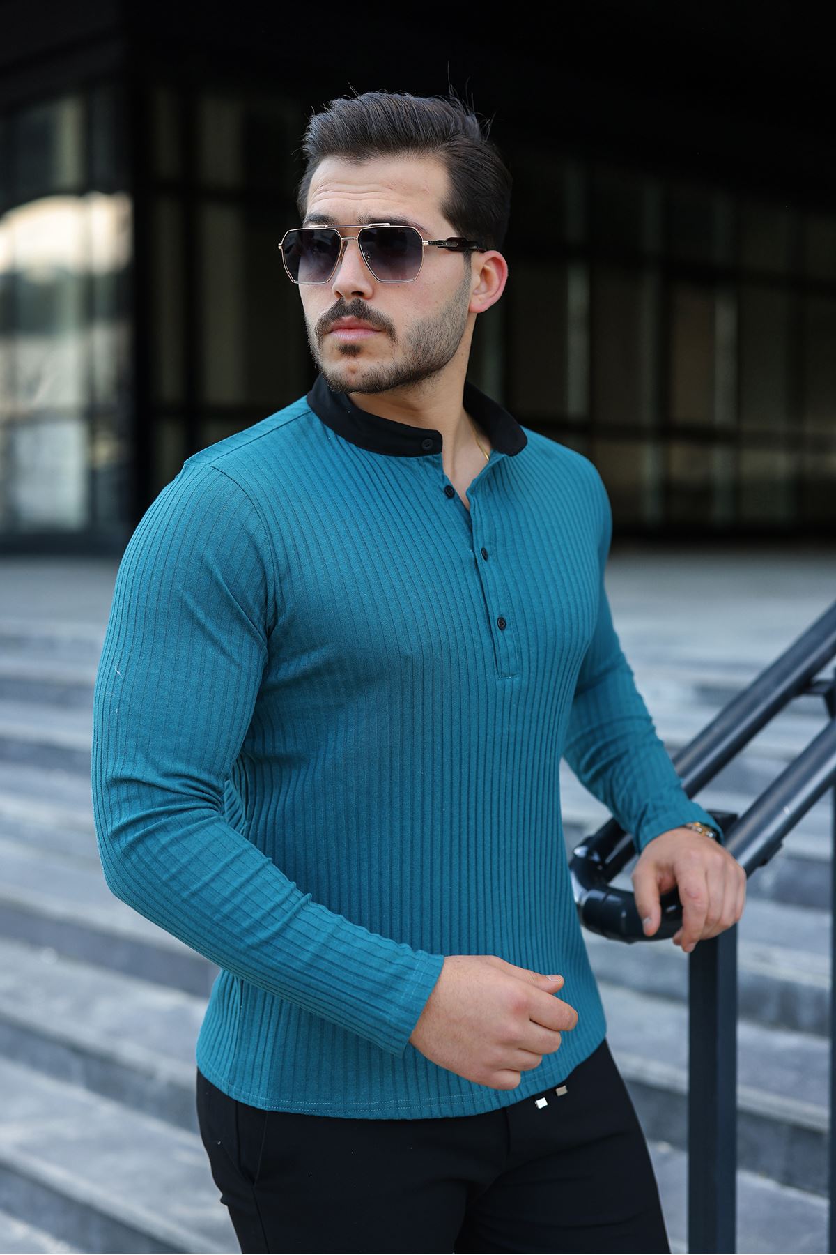 Erkek Fitilli Kumaş Hakim Yaka Düğmeli Sweat