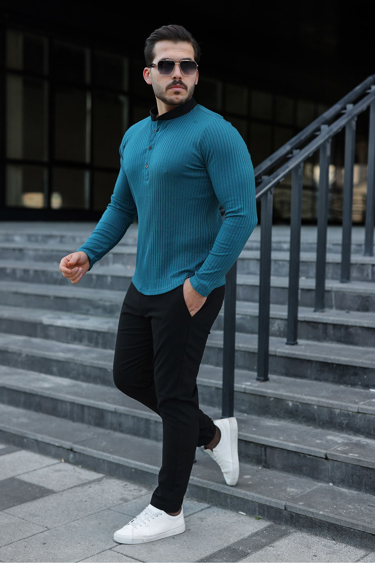 Erkek Fitilli Kumaş Hakim Yaka Düğmeli Sweat