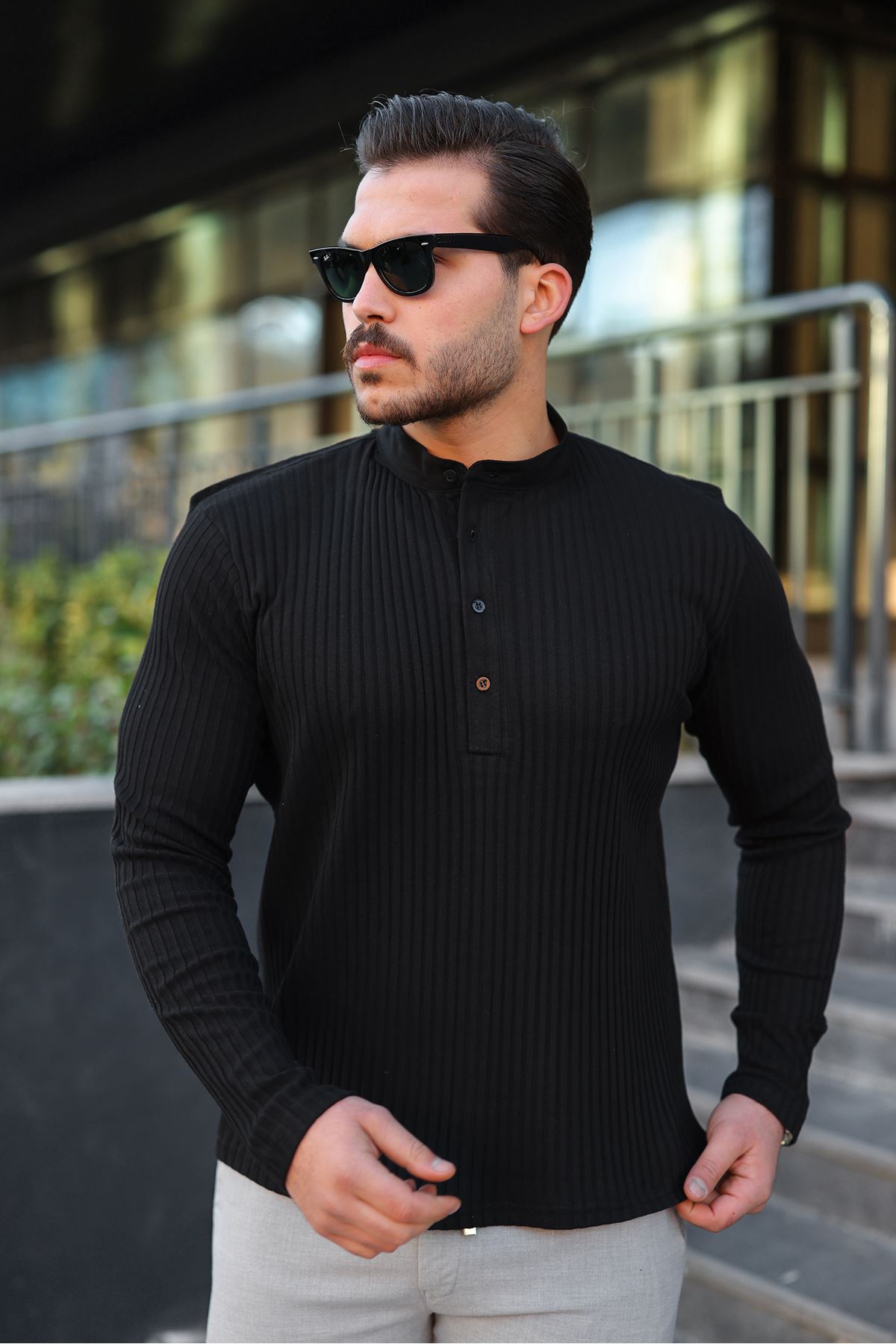 Erkek Fitilli Kumaş Hakim Yaka Düğmeli Sweat