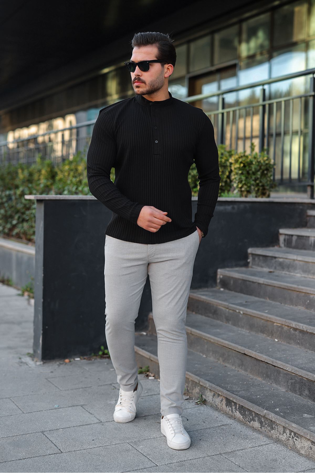 Erkek Fitilli Kumaş Hakim Yaka Düğmeli Sweat