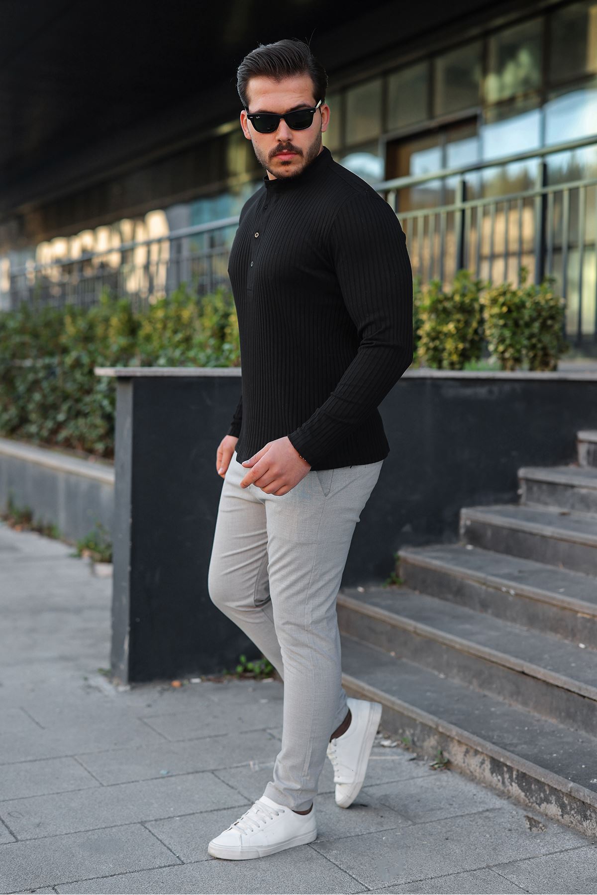 Erkek Fitilli Kumaş Hakim Yaka Düğmeli Sweat