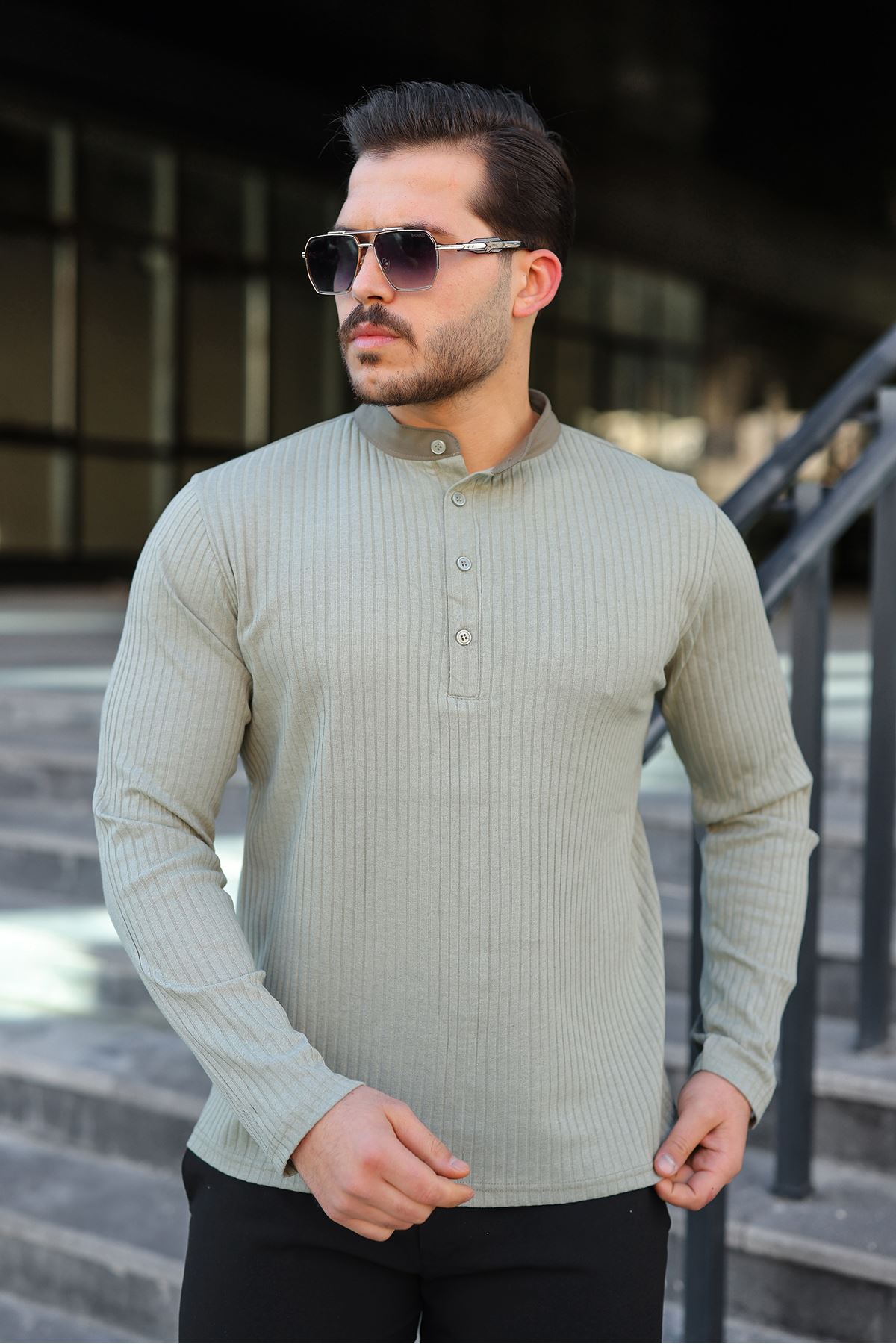 Erkek Fitilli Kumaş Hakim Yaka Düğmeli Sweat