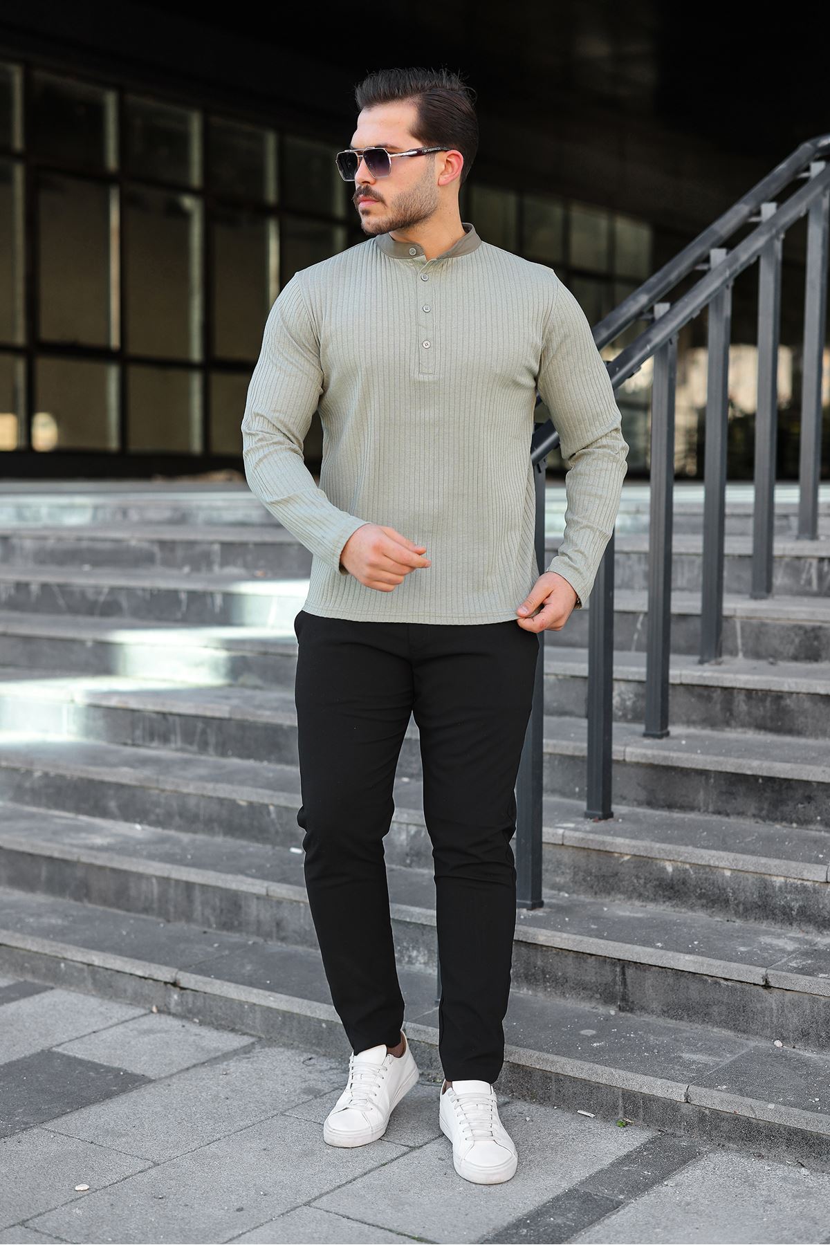 Erkek Fitilli Kumaş Hakim Yaka Düğmeli Sweat