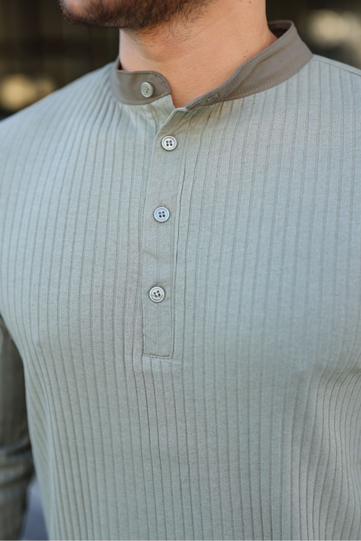 Erkek Fitilli Kumaş Hakim Yaka Düğmeli Sweat