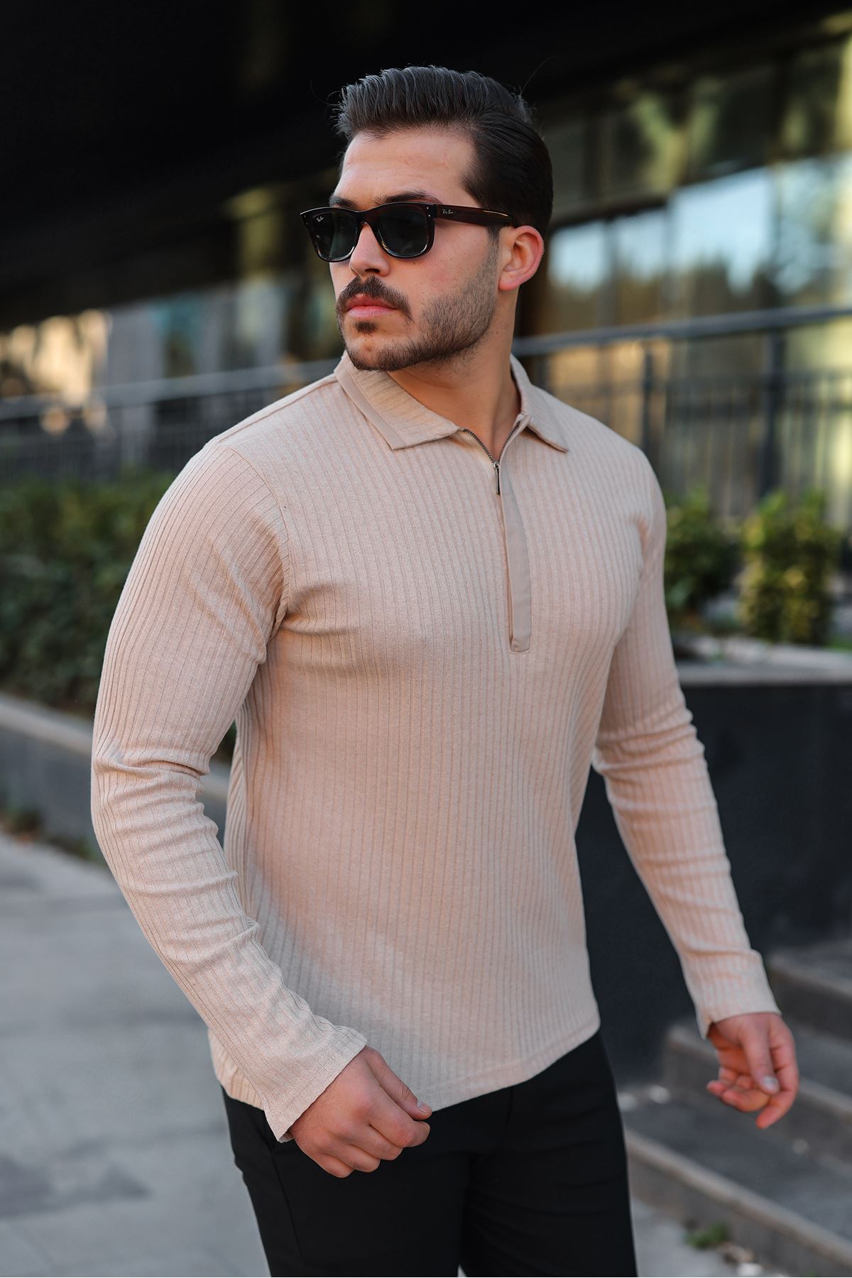 Erkek Fitilli Kumaş Polo Yaka Yarım Fermuarlı Sweat