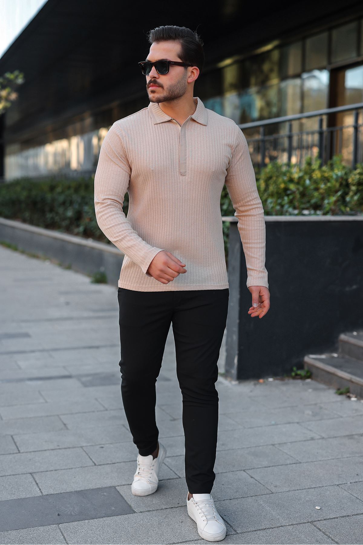 Erkek Fitilli Kumaş Polo Yaka Yarım Fermuarlı Sweat