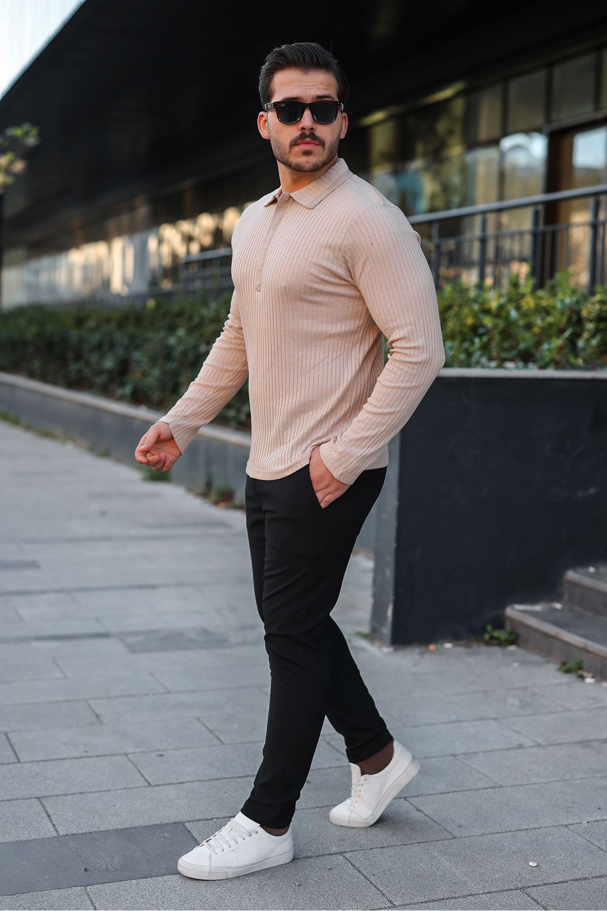 Erkek Fitilli Kumaş Polo Yaka Yarım Fermuarlı Sweat