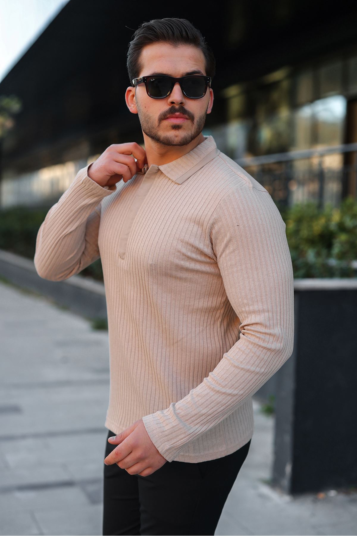 Erkek Fitilli Kumaş Polo Yaka Yarım Fermuarlı Sweat