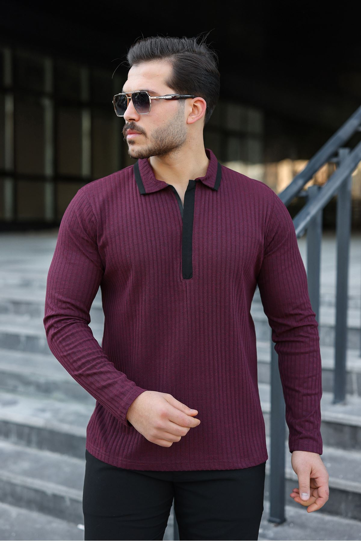 Erkek Fitilli Kumaş Polo Yaka Yarım Fermuarlı Sweat