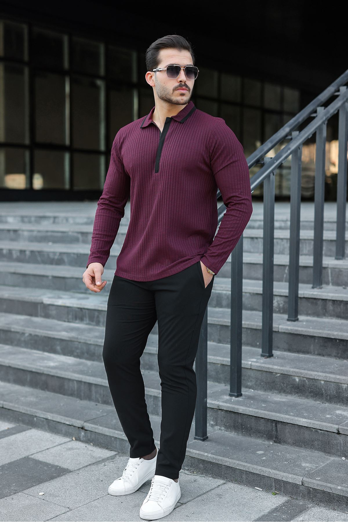 Erkek Fitilli Kumaş Polo Yaka Yarım Fermuarlı Sweat