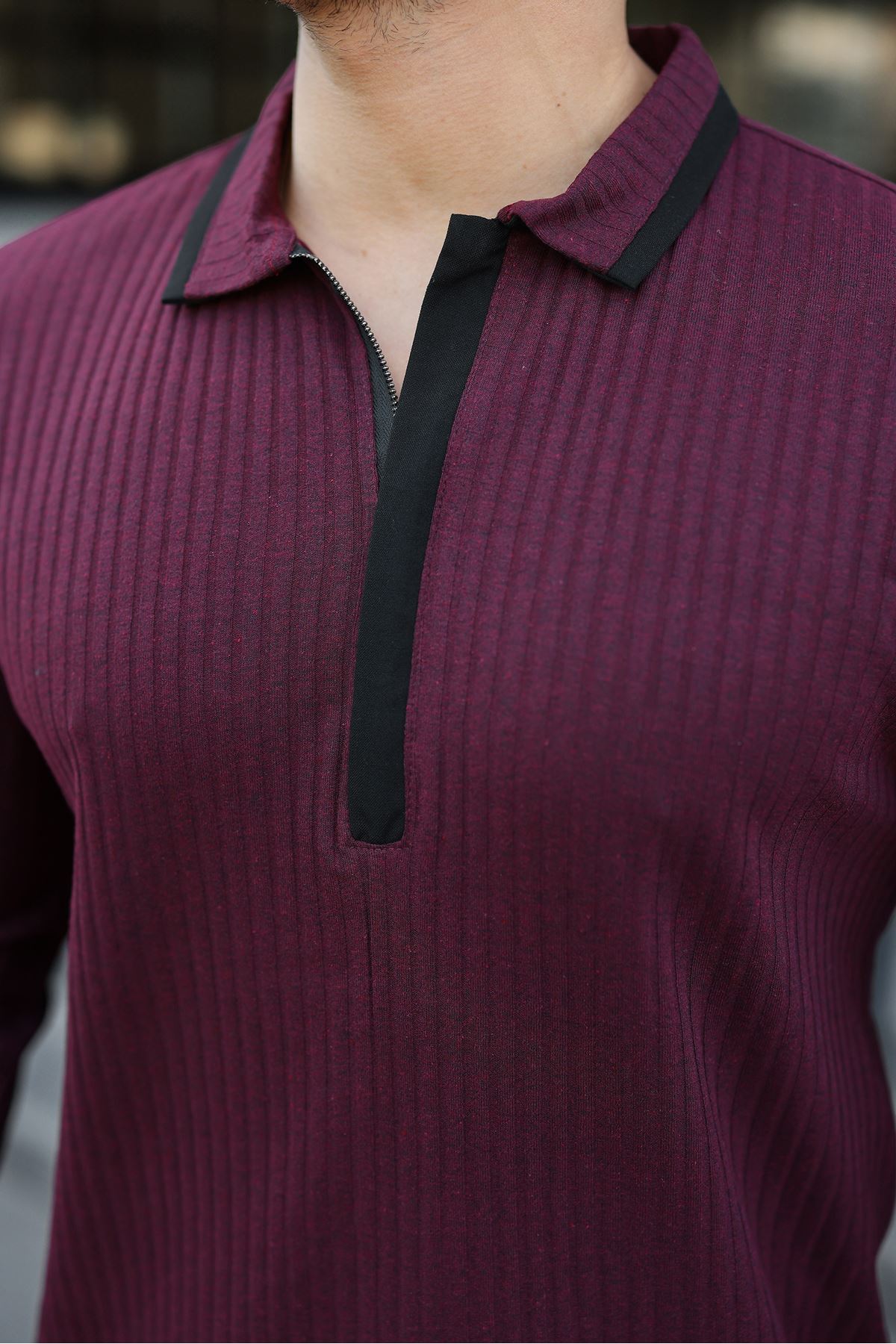 Erkek Fitilli Kumaş Polo Yaka Yarım Fermuarlı Sweat