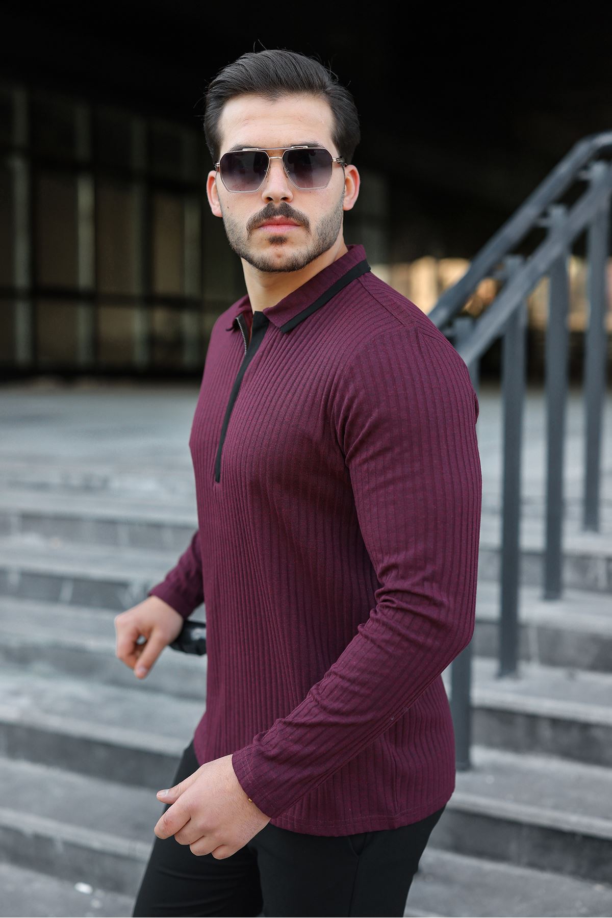 Erkek Fitilli Kumaş Polo Yaka Yarım Fermuarlı Sweat