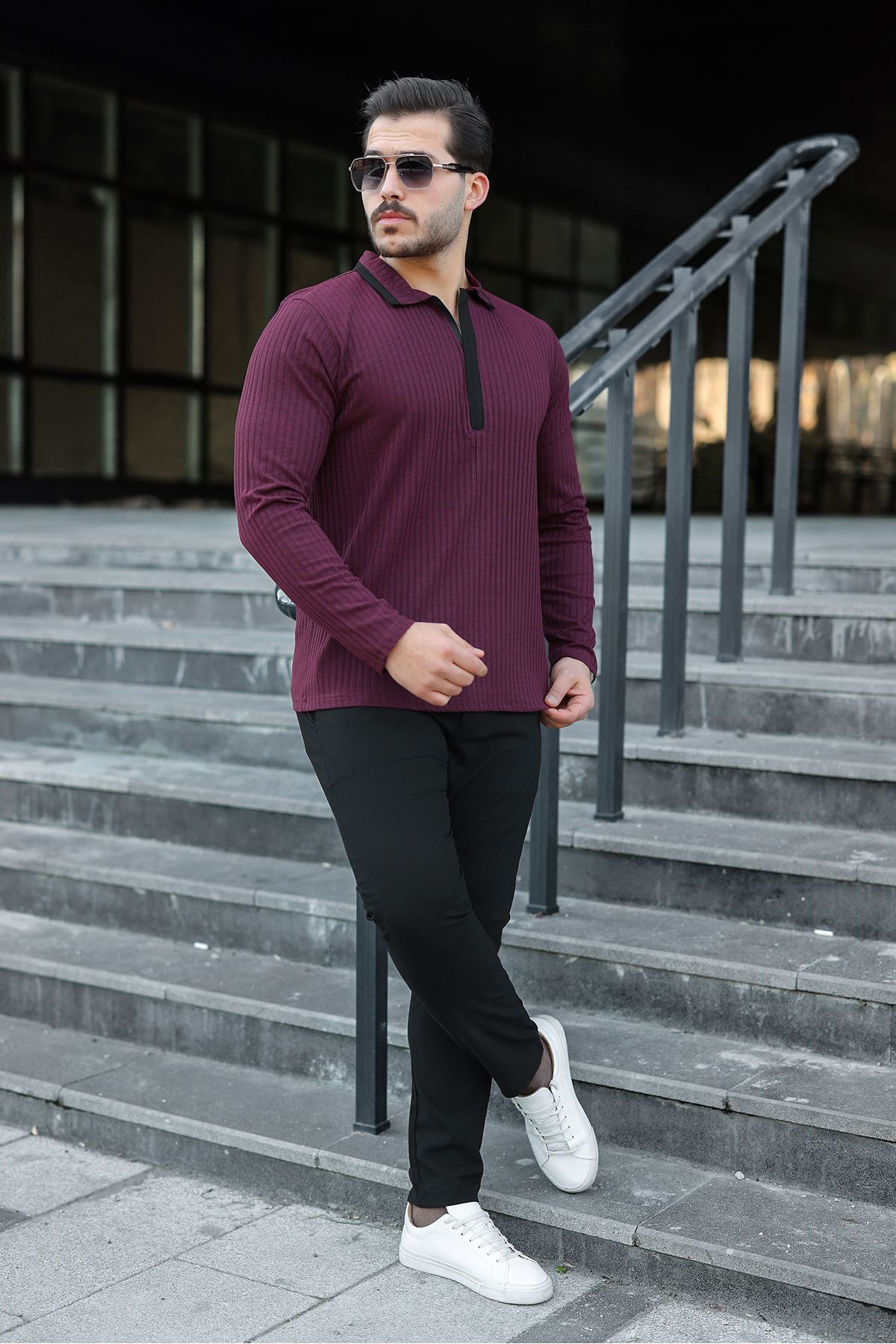 Erkek Fitilli Kumaş Polo Yaka Yarım Fermuarlı Sweat