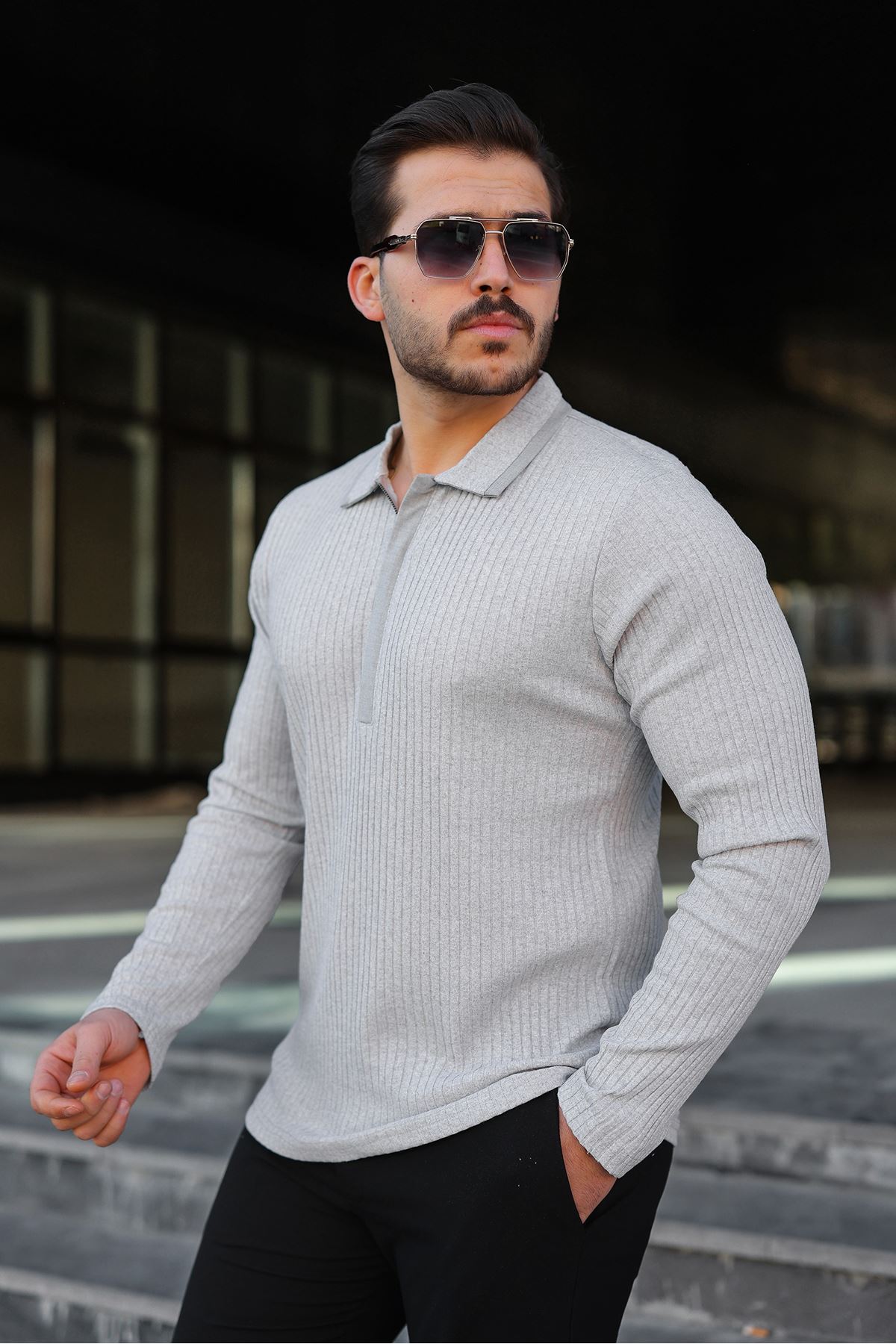 Erkek Fitilli Kumaş Polo Yaka Yarım Fermuarlı Sweat