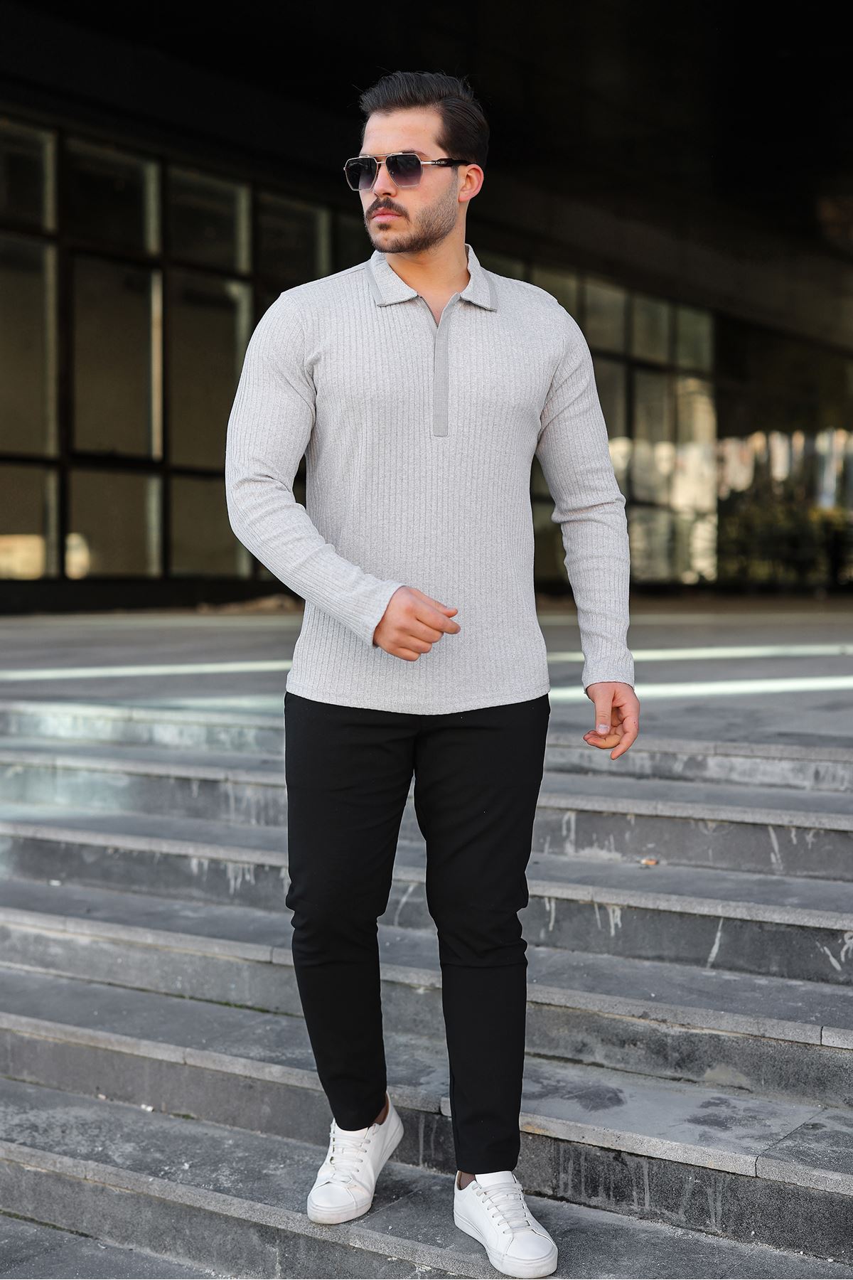 Erkek Fitilli Kumaş Polo Yaka Yarım Fermuarlı Sweat