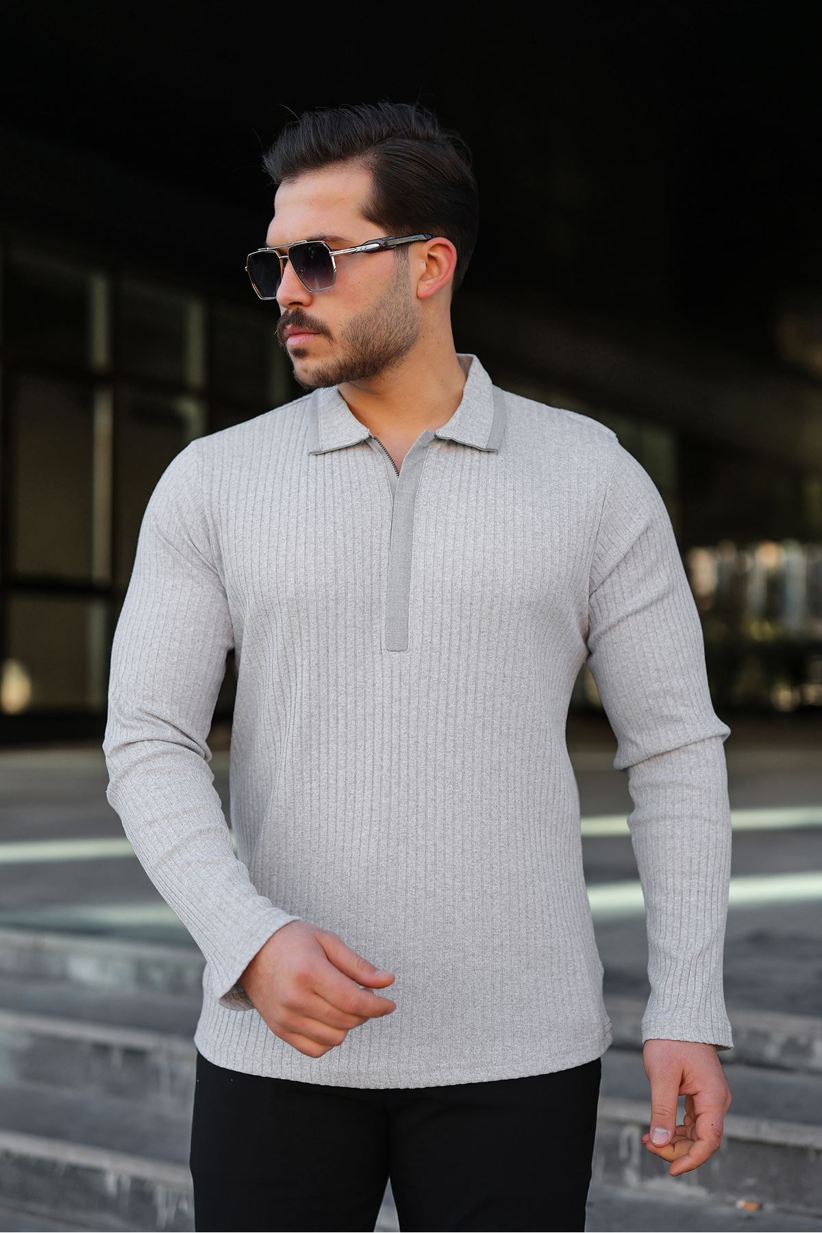 Erkek Fitilli Kumaş Polo Yaka Yarım Fermuarlı Sweat