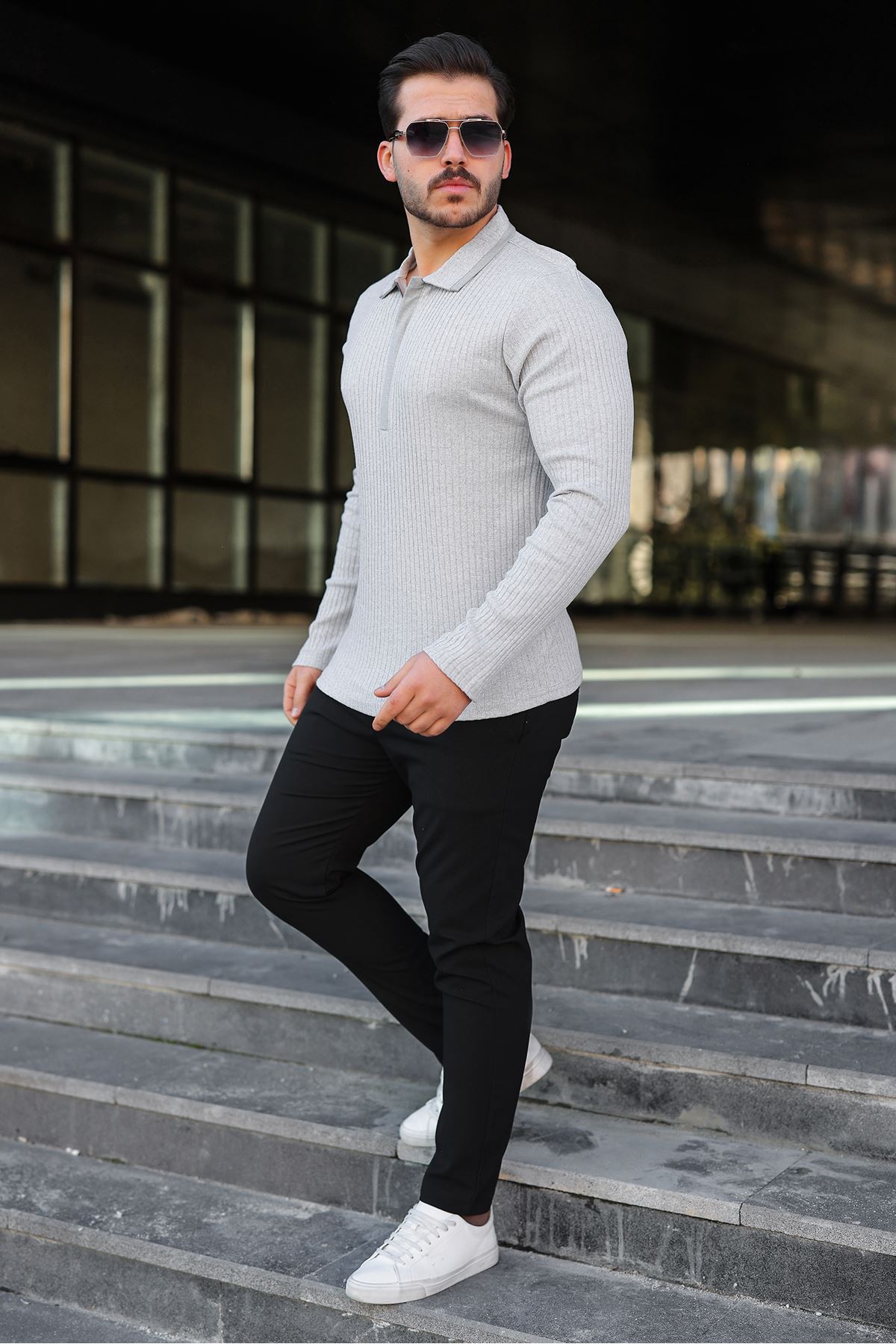 Erkek Fitilli Kumaş Polo Yaka Yarım Fermuarlı Sweat