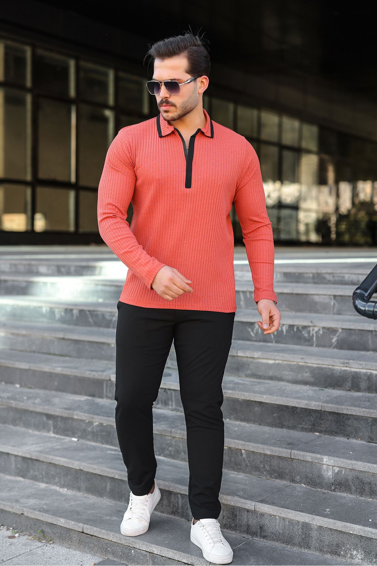 Erkek Fitilli Kumaş Polo Yaka Yarım Fermuarlı Sweat