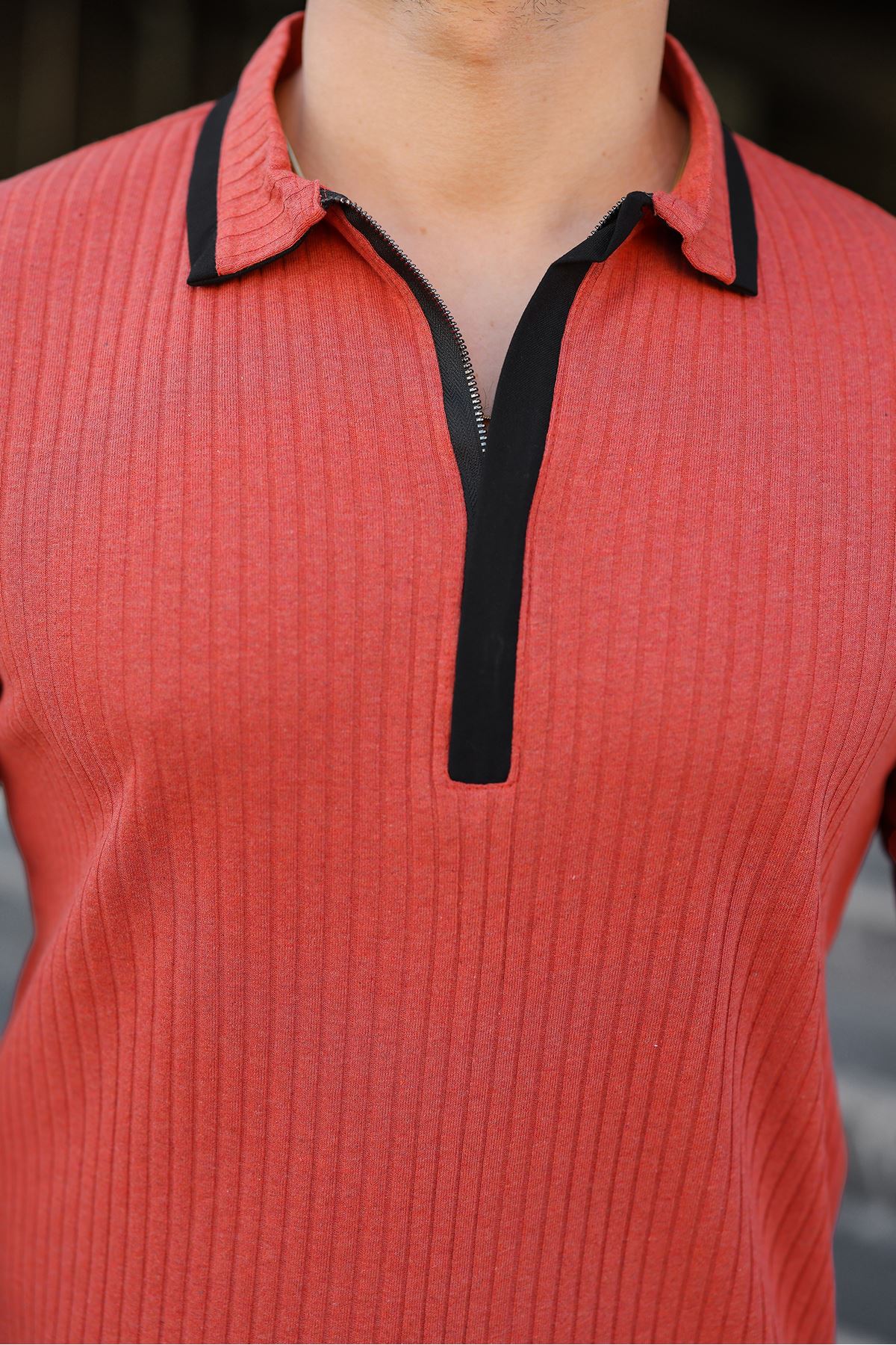 Erkek Fitilli Kumaş Polo Yaka Yarım Fermuarlı Sweat