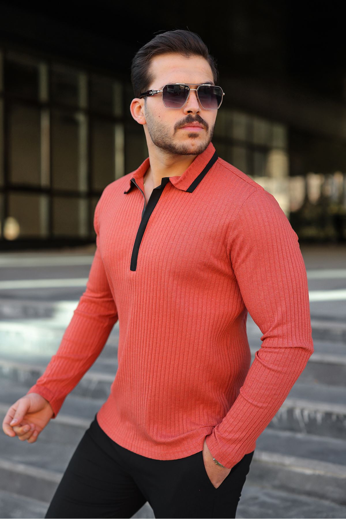 Erkek Fitilli Kumaş Polo Yaka Yarım Fermuarlı Sweat