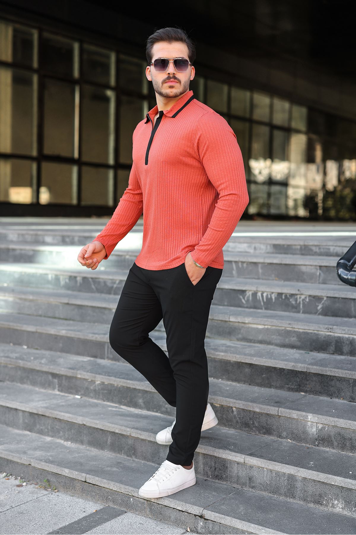 Erkek Fitilli Kumaş Polo Yaka Yarım Fermuarlı Sweat