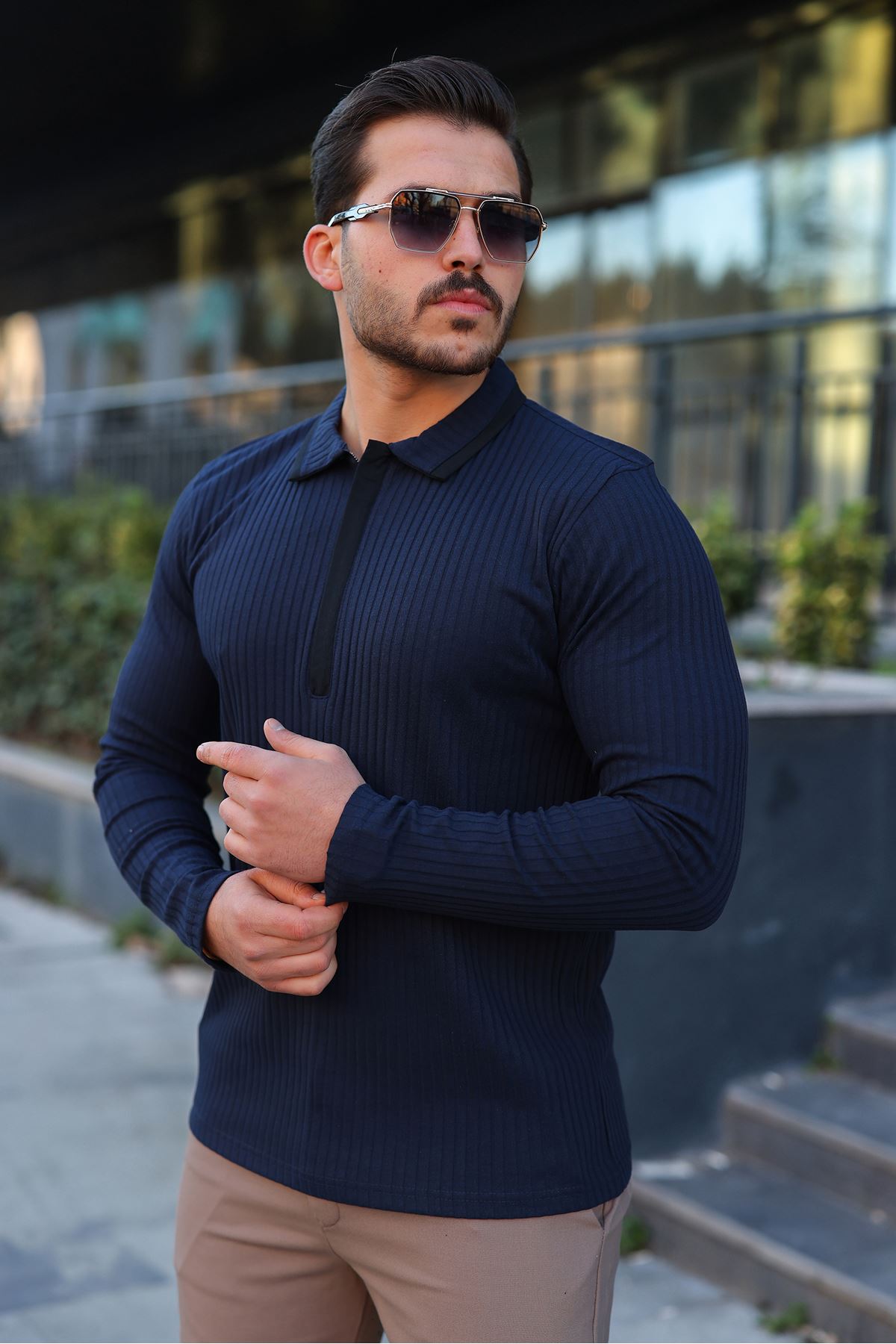 Erkek Fitilli Kumaş Polo Yaka Yarım Fermuarlı Sweat