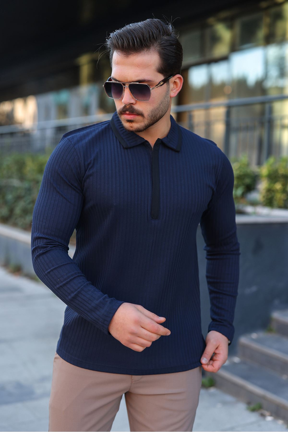 Erkek Fitilli Kumaş Polo Yaka Yarım Fermuarlı Sweat