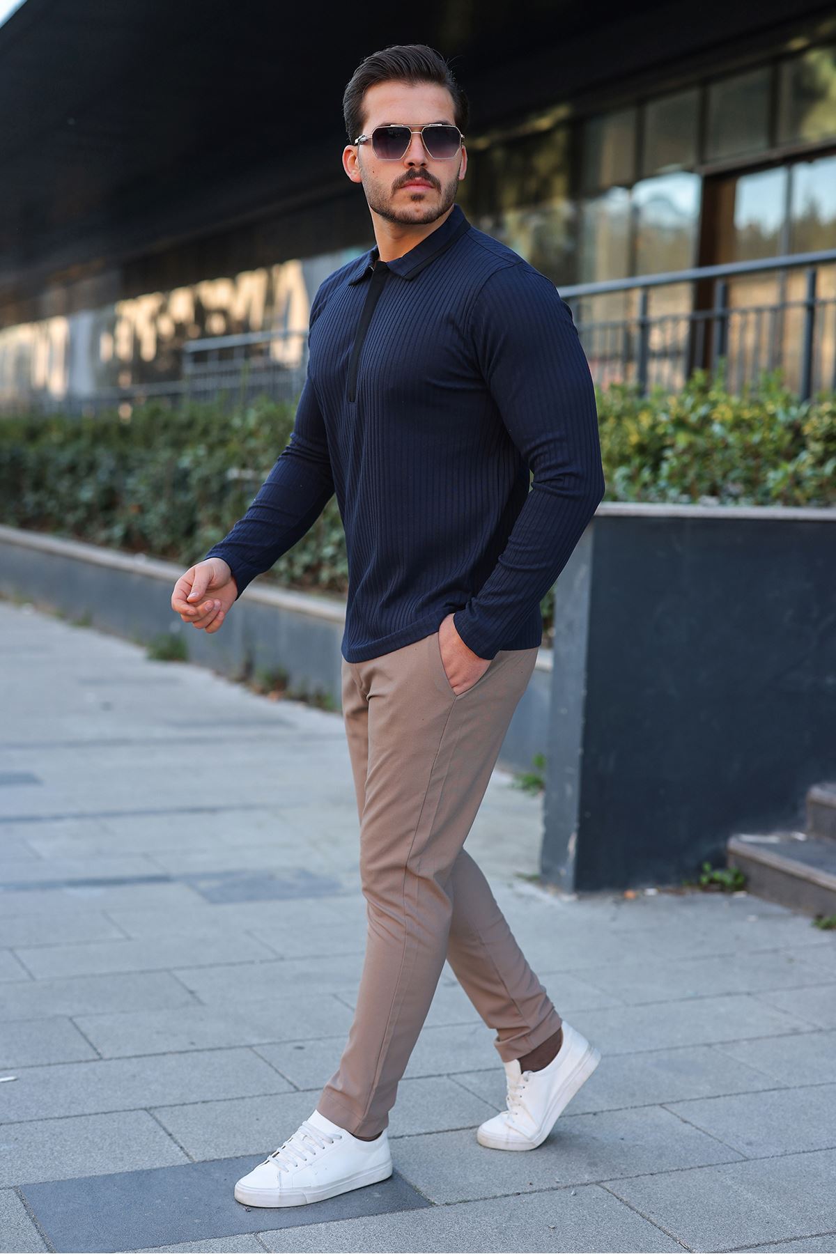 Erkek Fitilli Kumaş Polo Yaka Yarım Fermuarlı Sweat