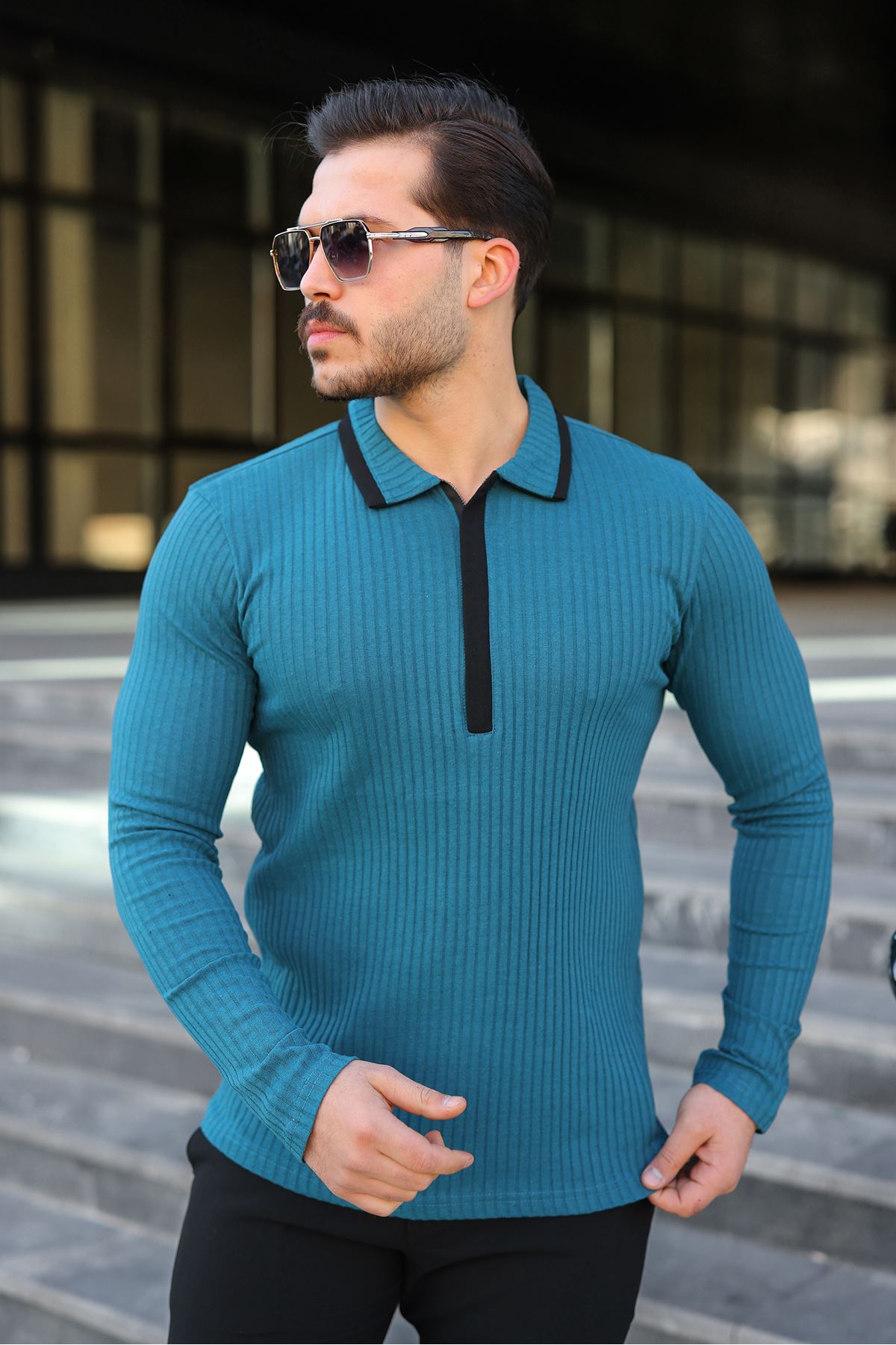 Erkek Fitilli Kumaş Polo Yaka Yarım Fermuarlı Sweat