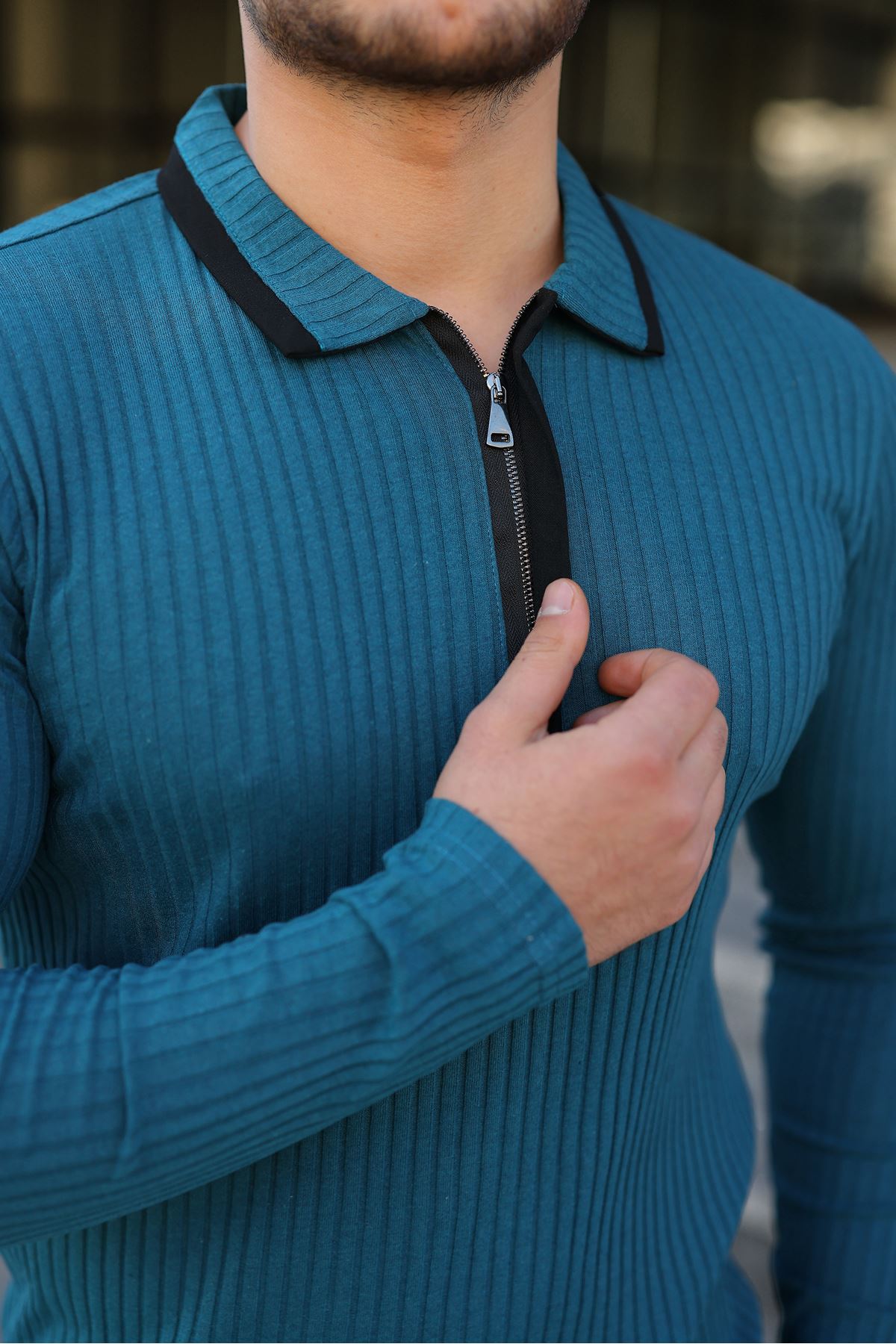 Erkek Fitilli Kumaş Polo Yaka Yarım Fermuarlı Sweat