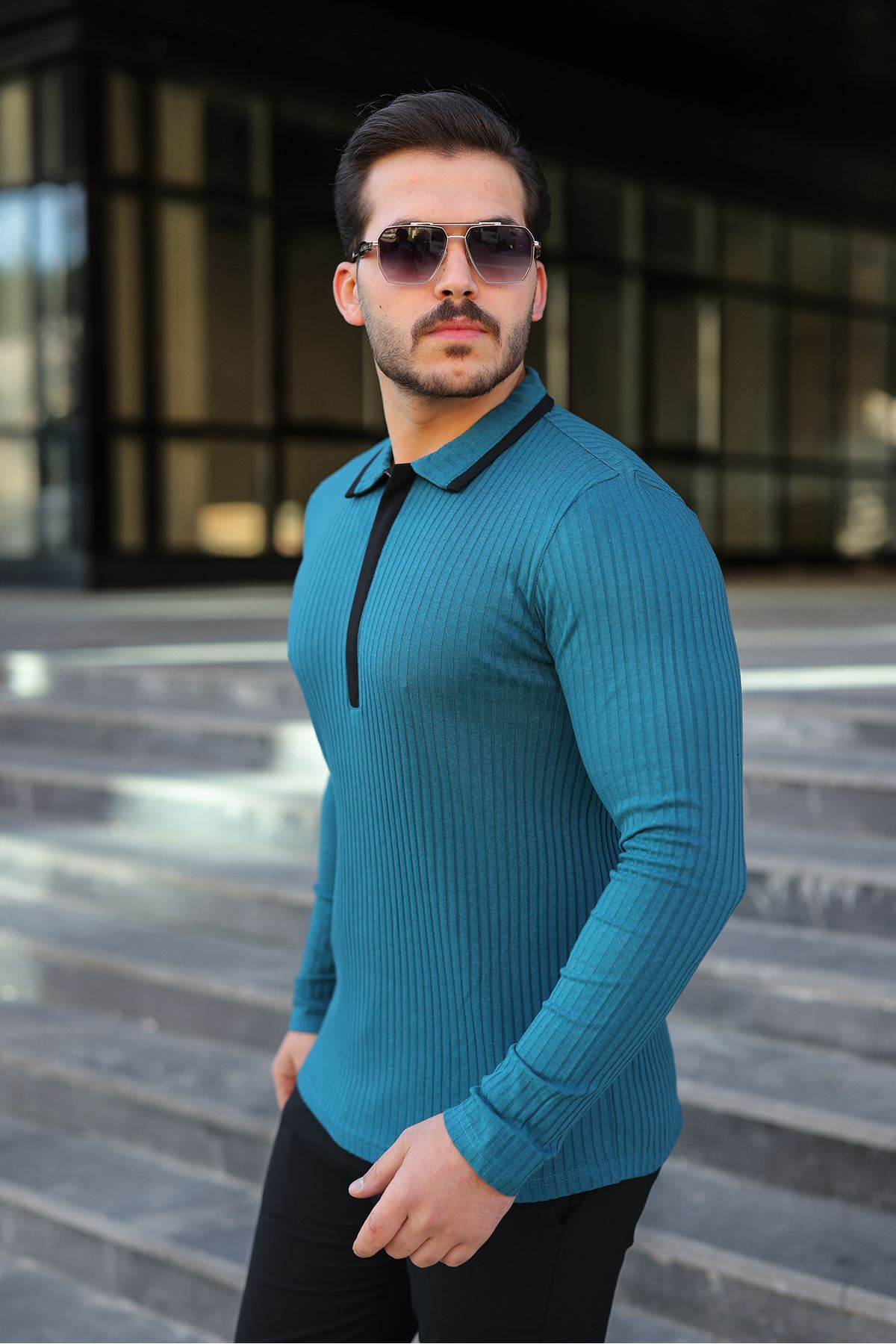 Erkek Fitilli Kumaş Polo Yaka Yarım Fermuarlı Sweat