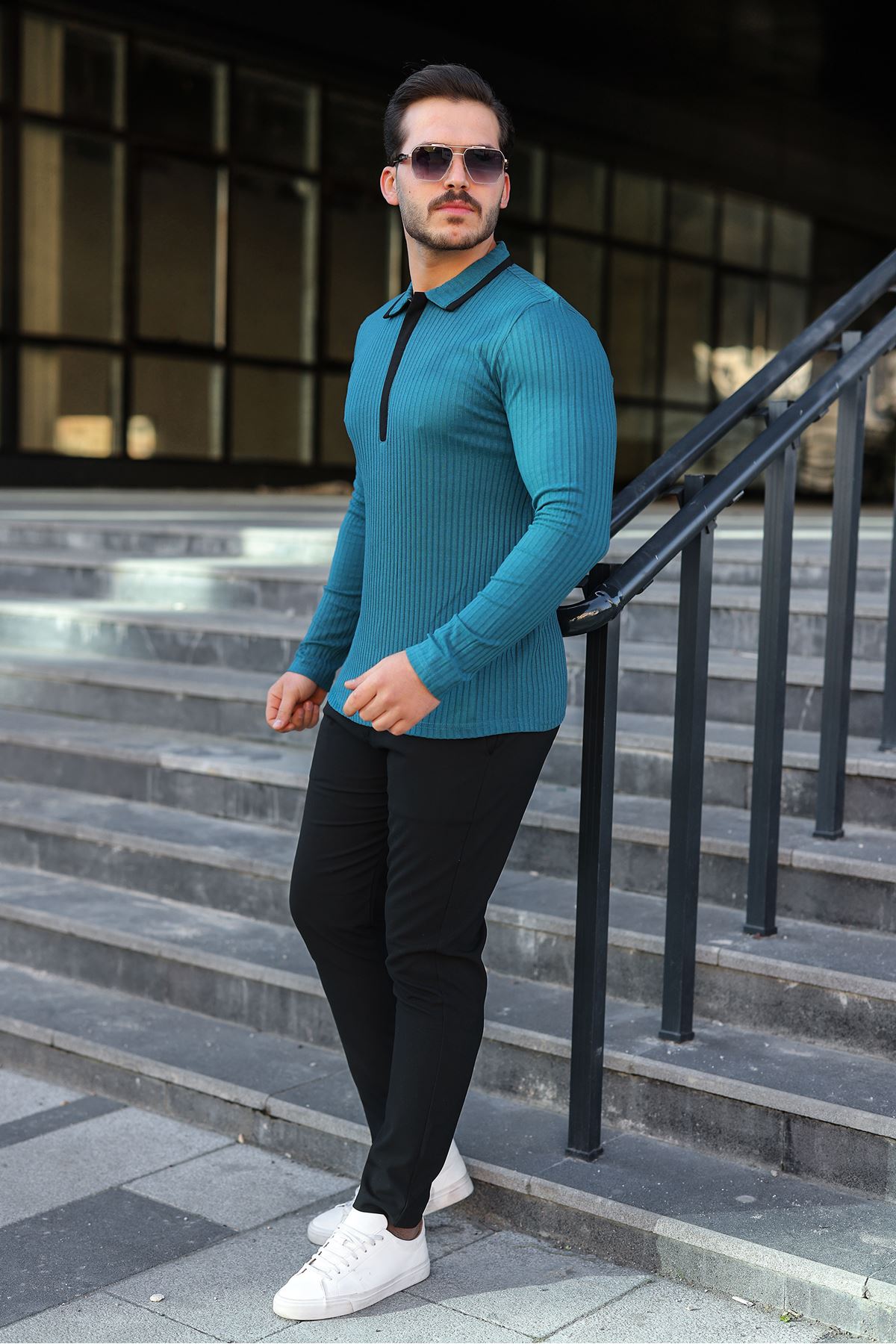 Erkek Fitilli Kumaş Polo Yaka Yarım Fermuarlı Sweat