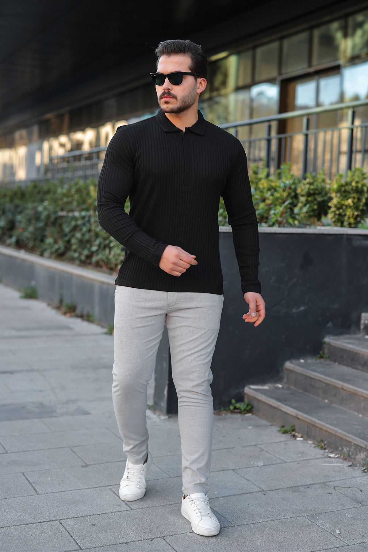 Erkek Fitilli Kumaş Polo Yaka Yarım Fermuarlı Sweat