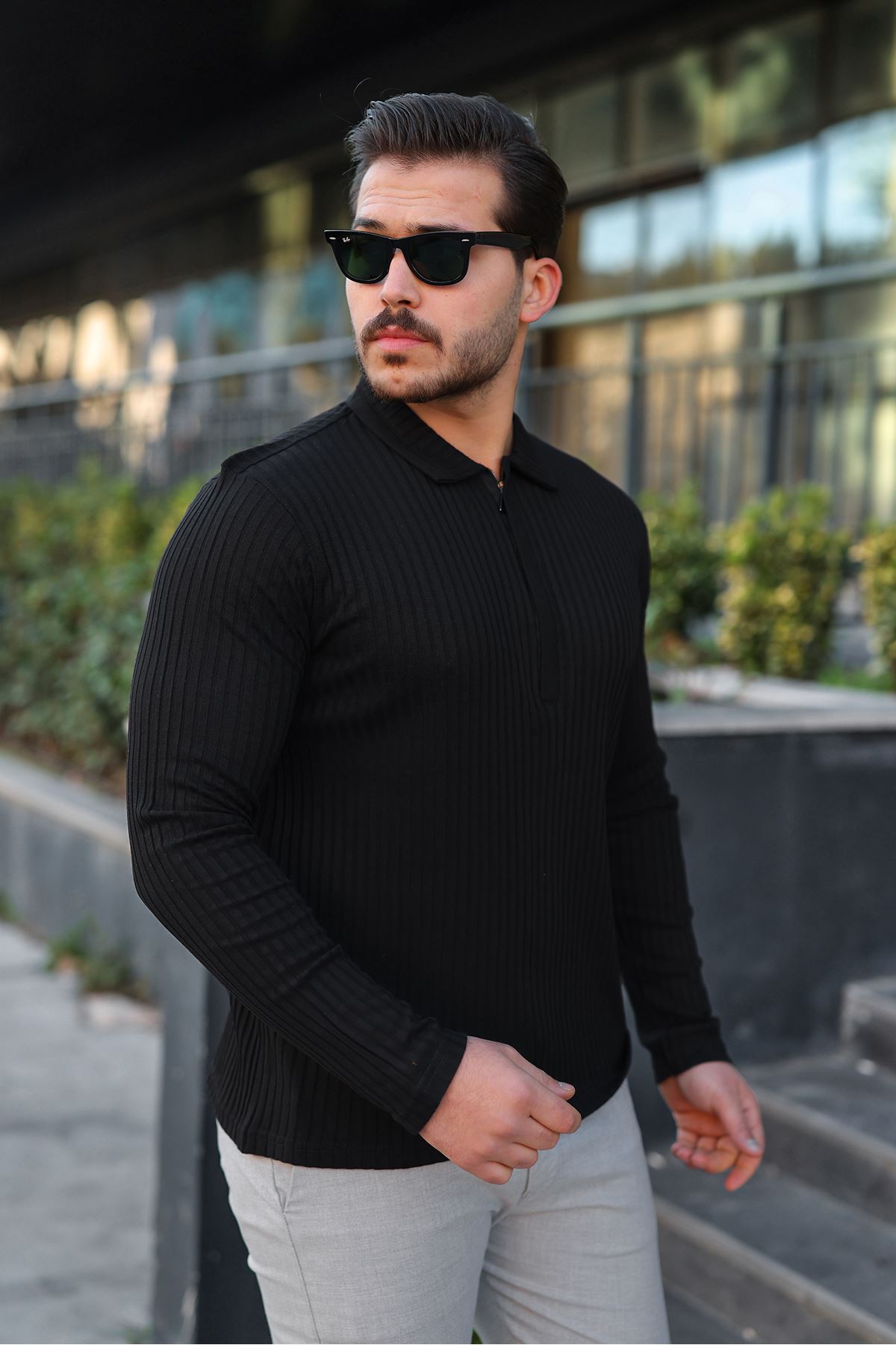 Erkek Fitilli Kumaş Polo Yaka Yarım Fermuarlı Sweat